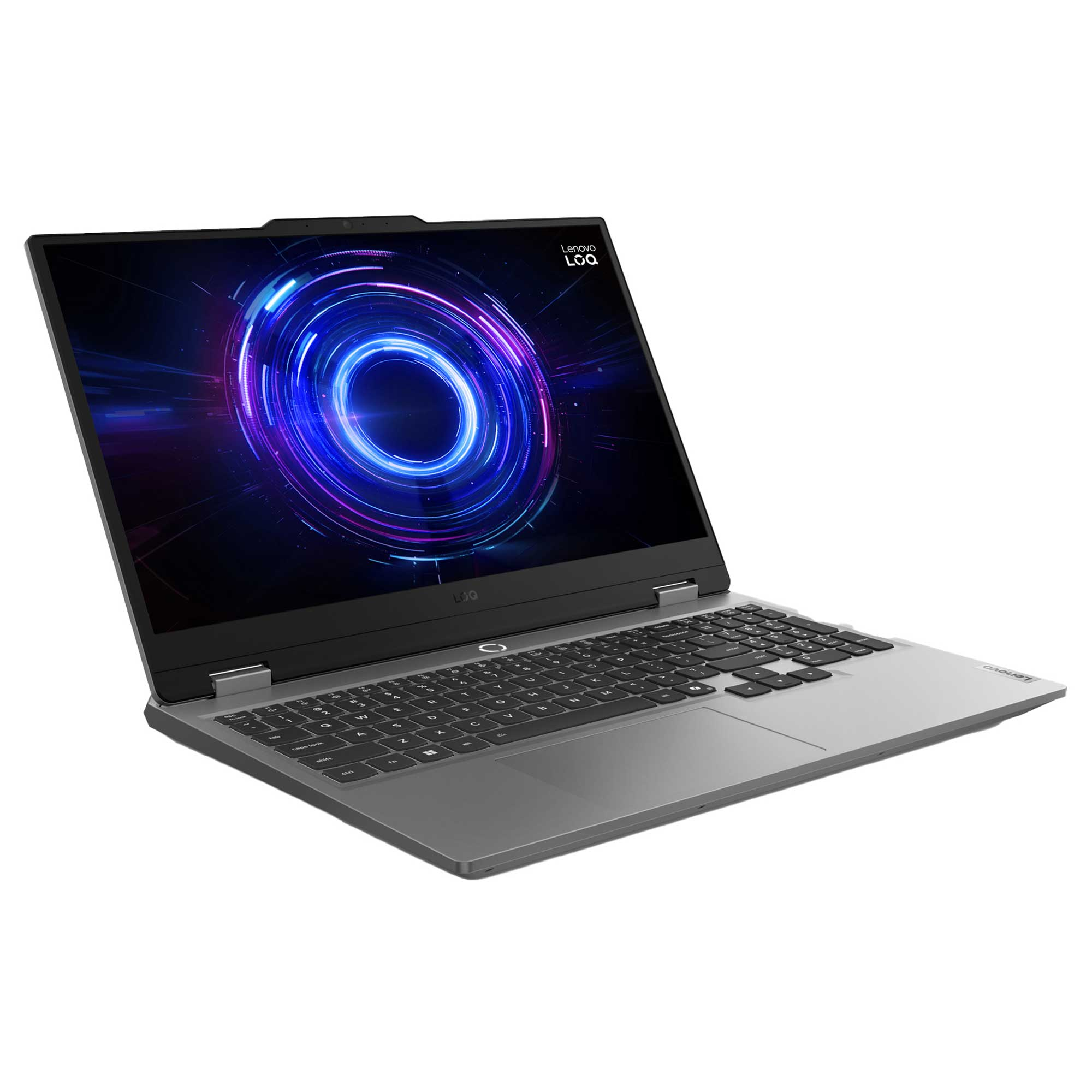 Ekranında parlayan dairesel arka plana sahip gri Lenovo LOQ oyuncu dizüstü.