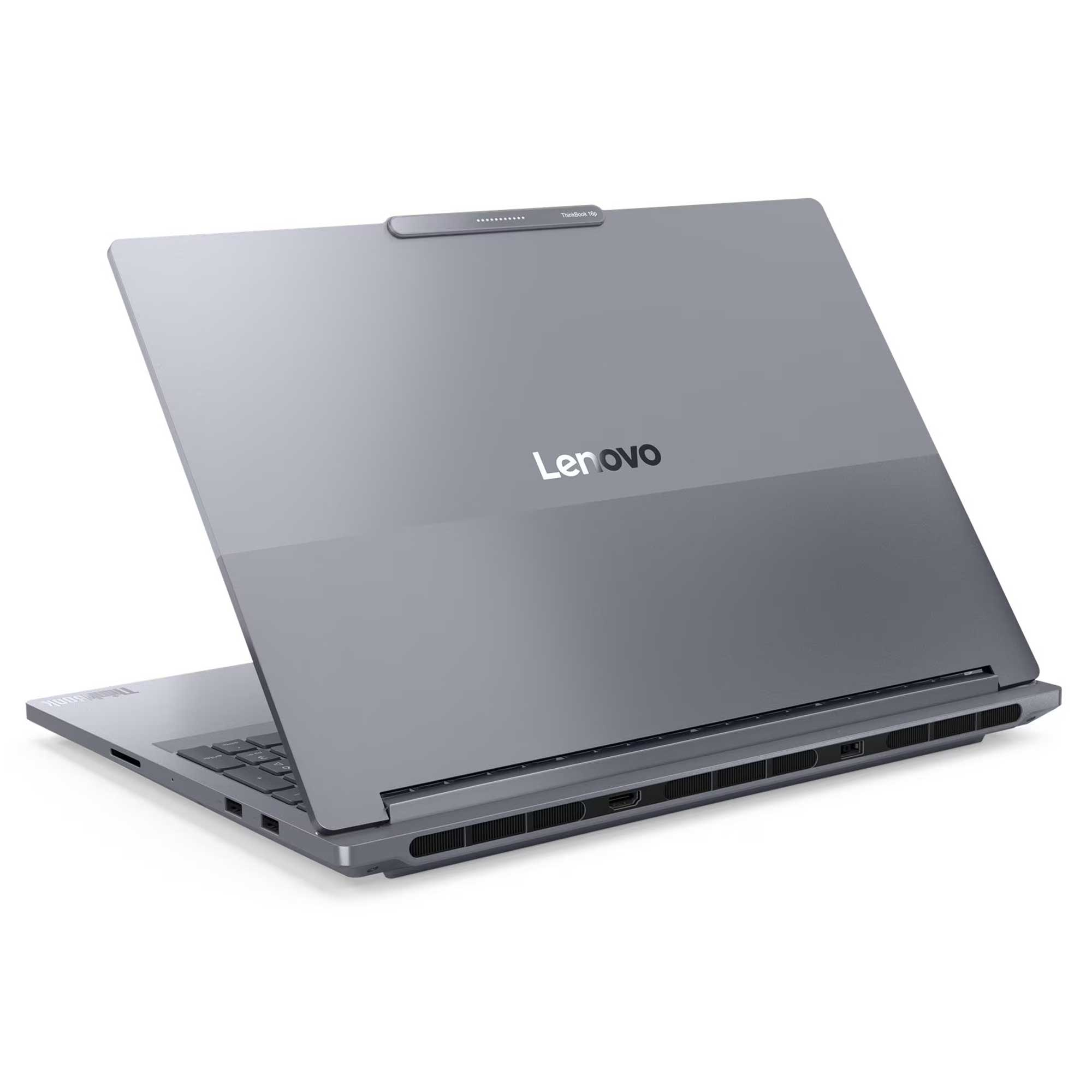 Gri Lenovo ThinkBook 16p dizüstü bilgisayar, açık ekran ve klavye görünüyor.