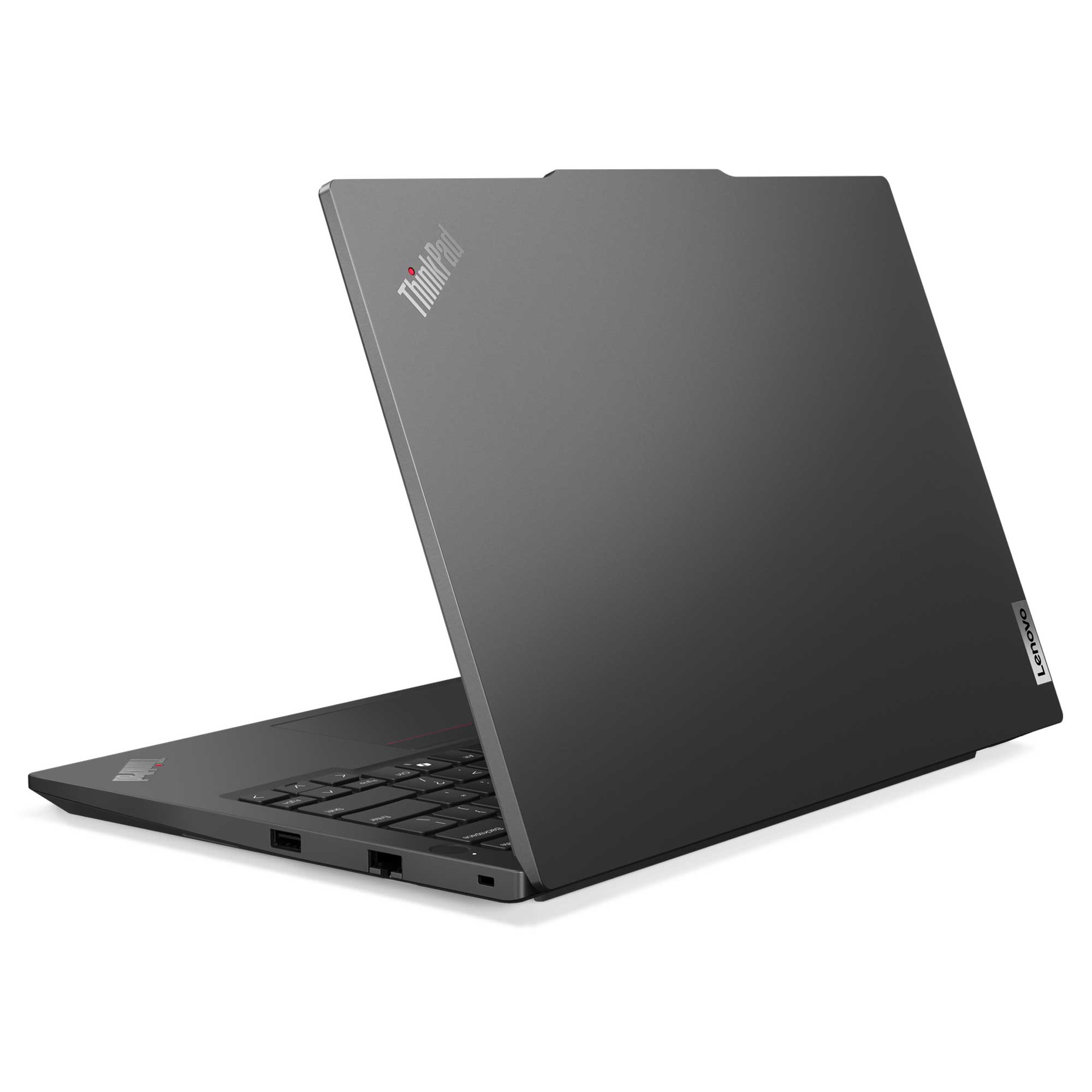 Profil görünümlü gri dizüstü bilgisayar, klavye ve ThinkPad logosu.
