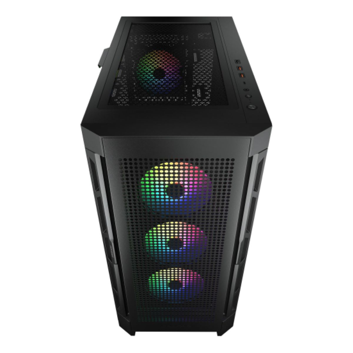 Schwarzes PC-Gehäuse mit RGB-Lüftern vorne und oben.