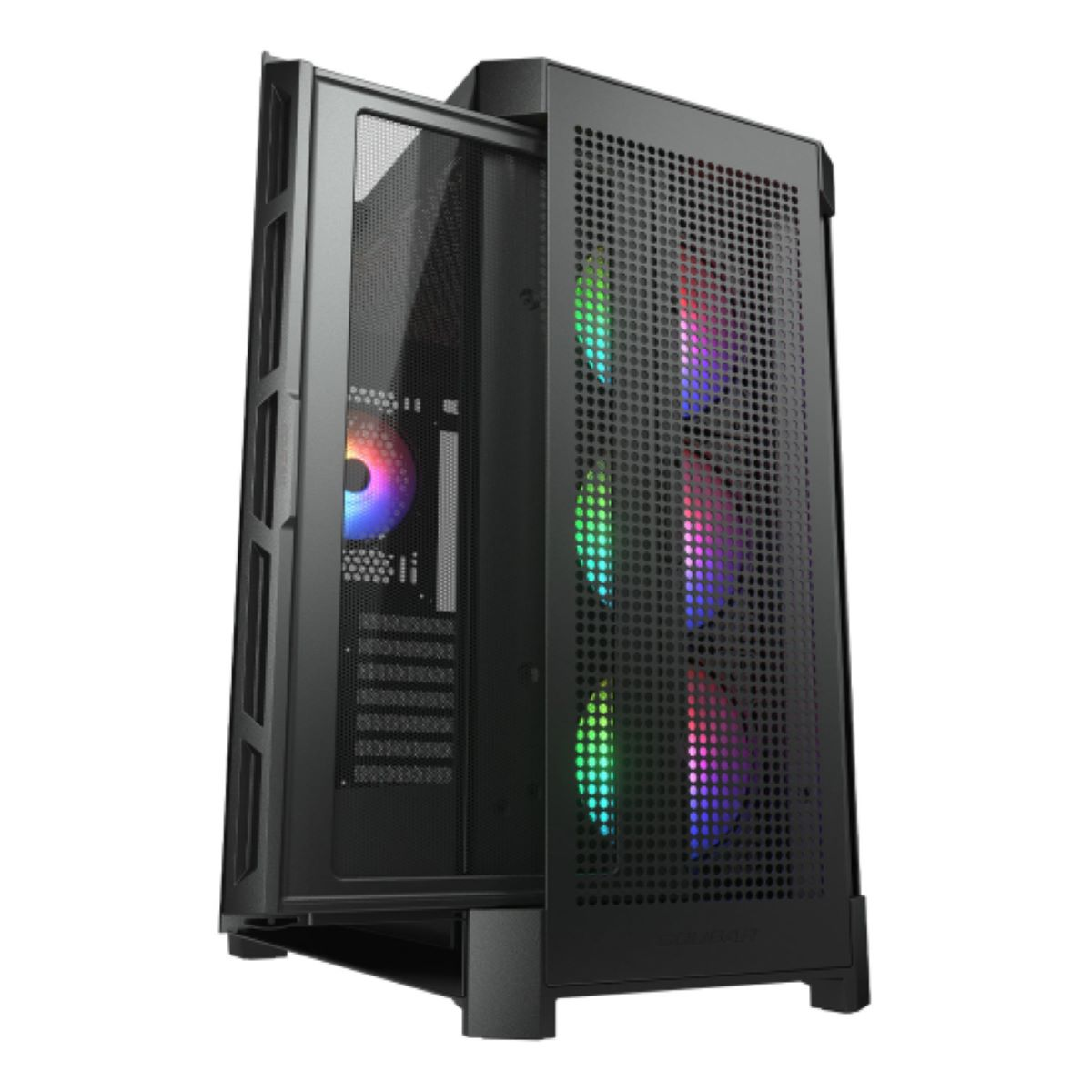 Schwarzes PC-Gehäuse mit Glasfront und RGB-Lüftern. Offene Seite zeigt Komponenten.