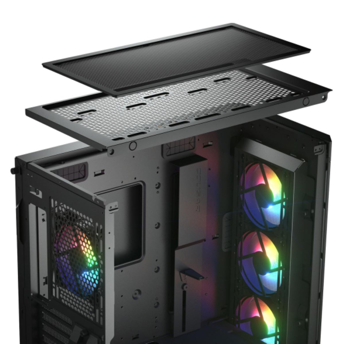 Ein zerlegtes PC-Gehäuse mit Lüftern mit Regenbogenbeleuchtung.
