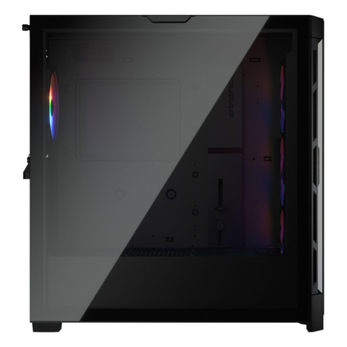 Ein schwarzes Computergehäuse mit Glasfront und RGB-Lüftern.