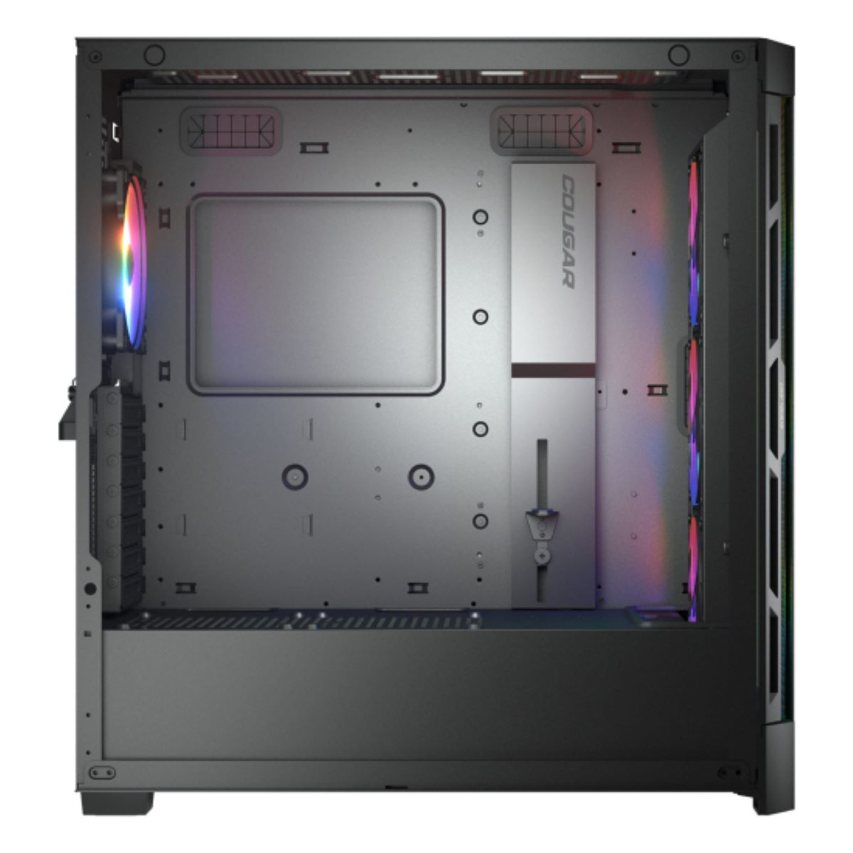 Ein leerer Computer-Tower mit RGB-Lüftern und Cougar-Logo.