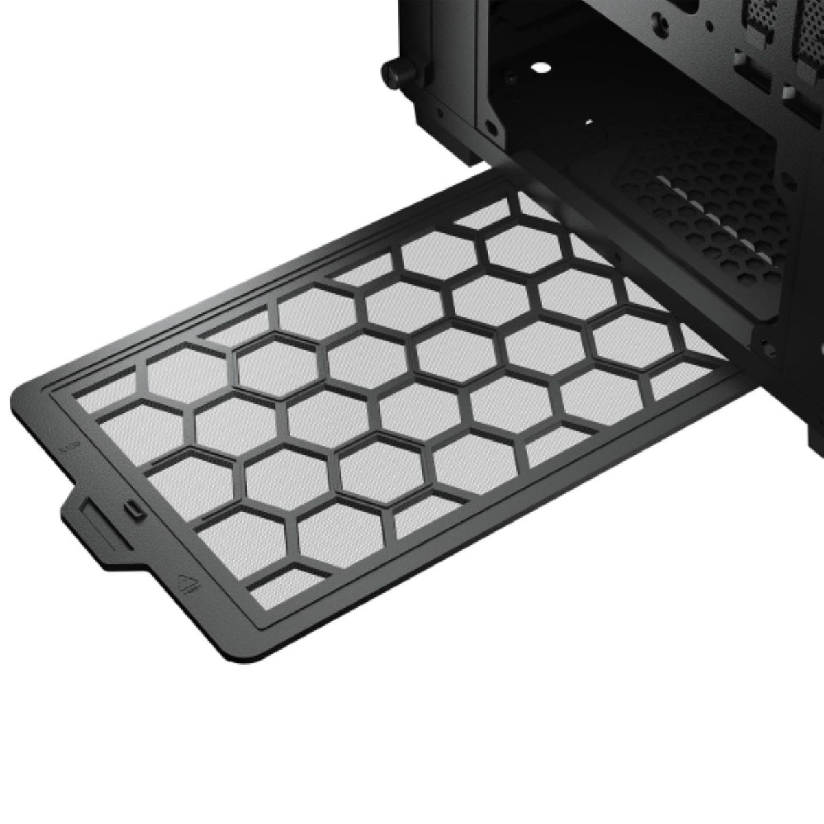 Ein ausziehbarer Staubfilter mit sechseckigem Muster, der in ein schwarzes Computergehäuse geschoben wird.