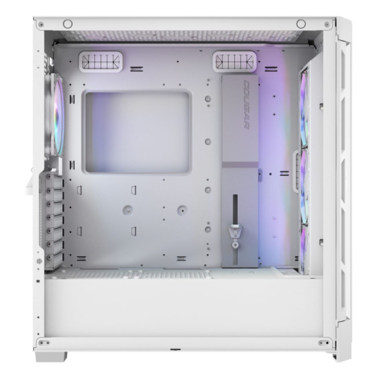 Een witte computerkast met ventilatoren en RGB-verlichting.