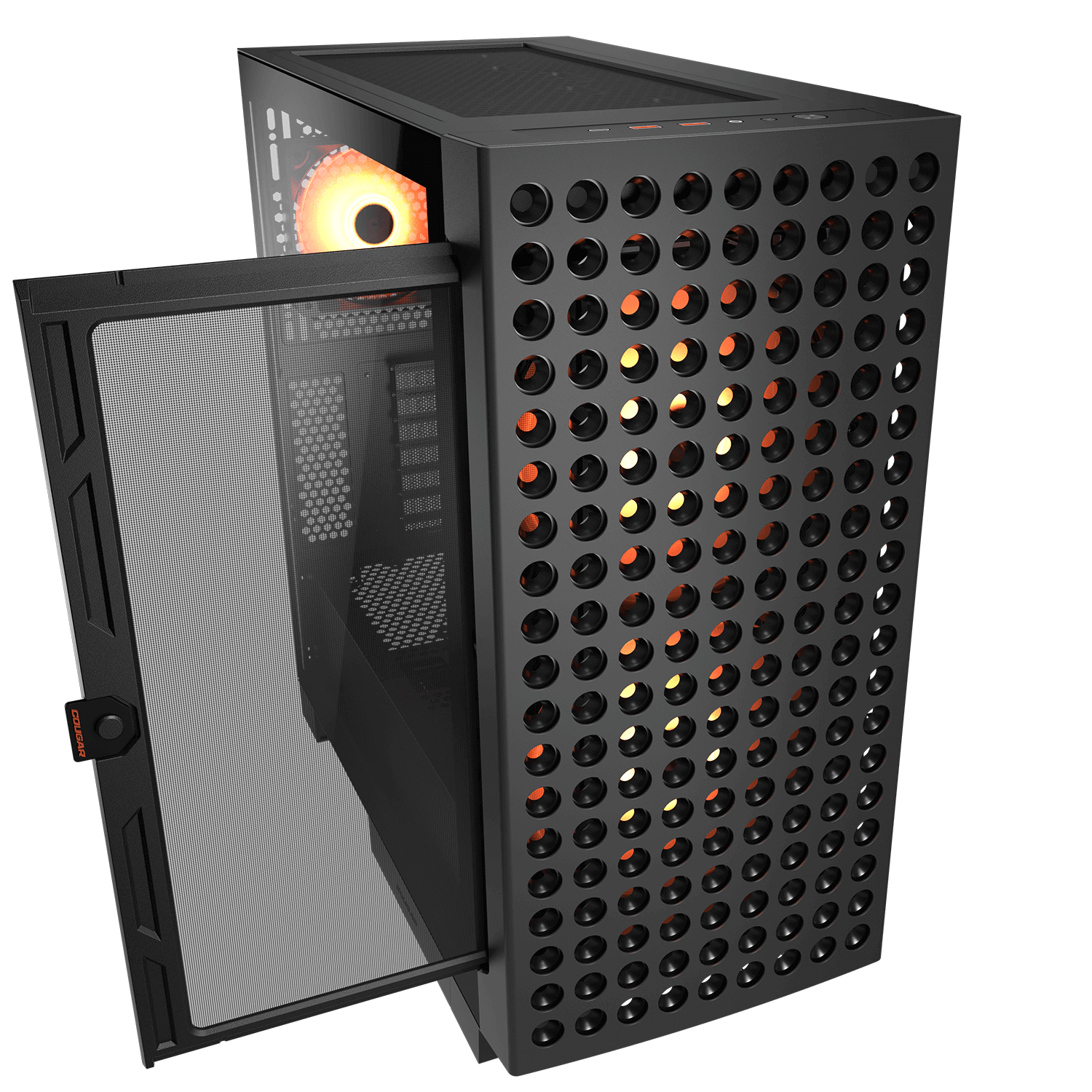 Schwarzes Computergehäuse mit offenem Mesh-Panel und orange beleuchtetem Lüfter.
