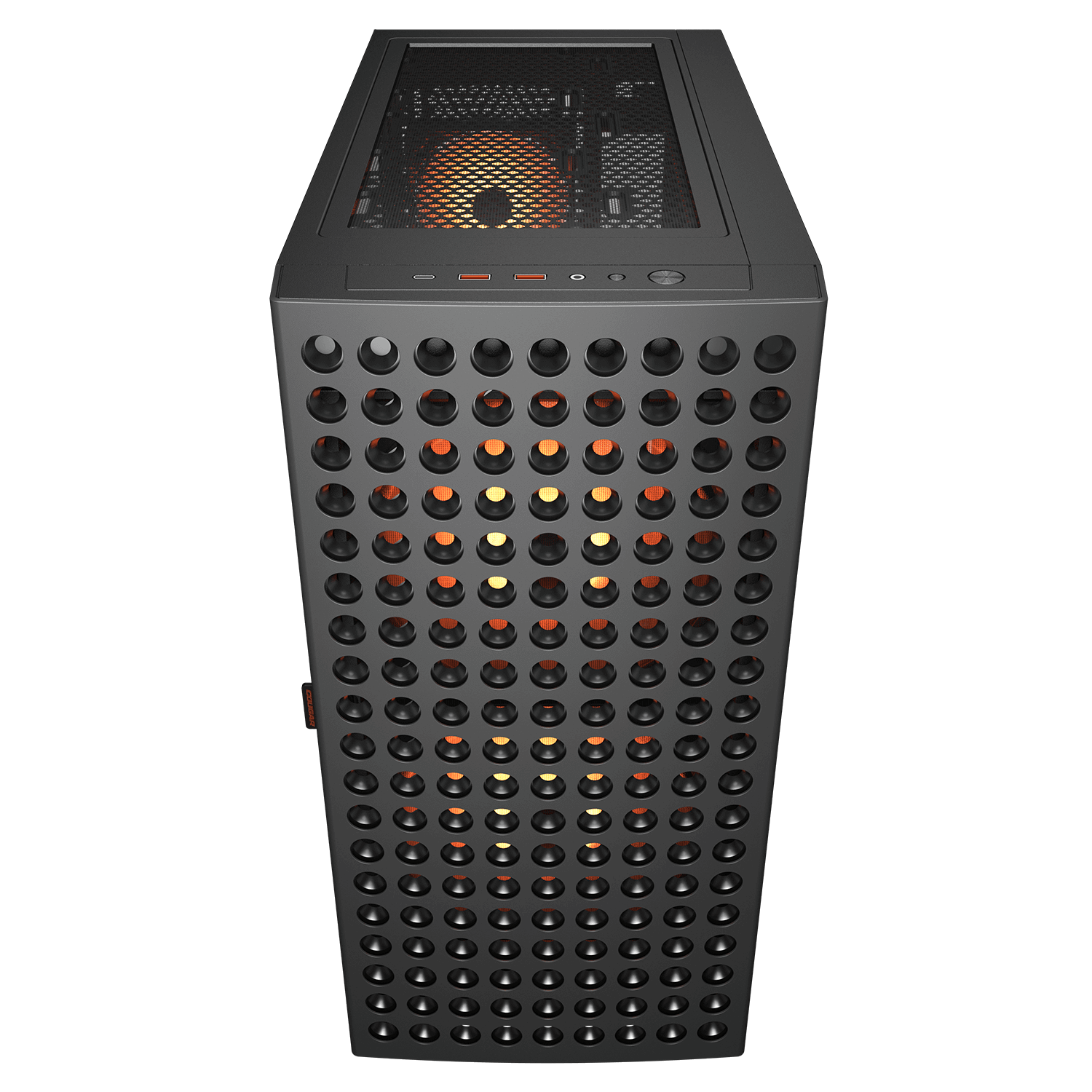 Ein schwarzes Computergehäuse mit runden Lufteinlässen und orangefarbener Beleuchtung.