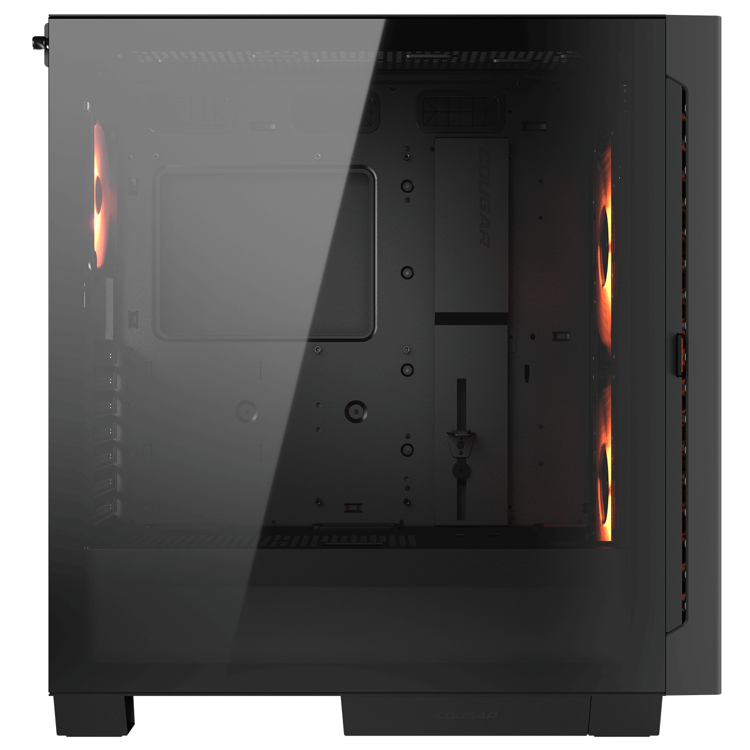 Schwarzes Computergehäuse mit Glasfront und beleuchteten Lüftern.