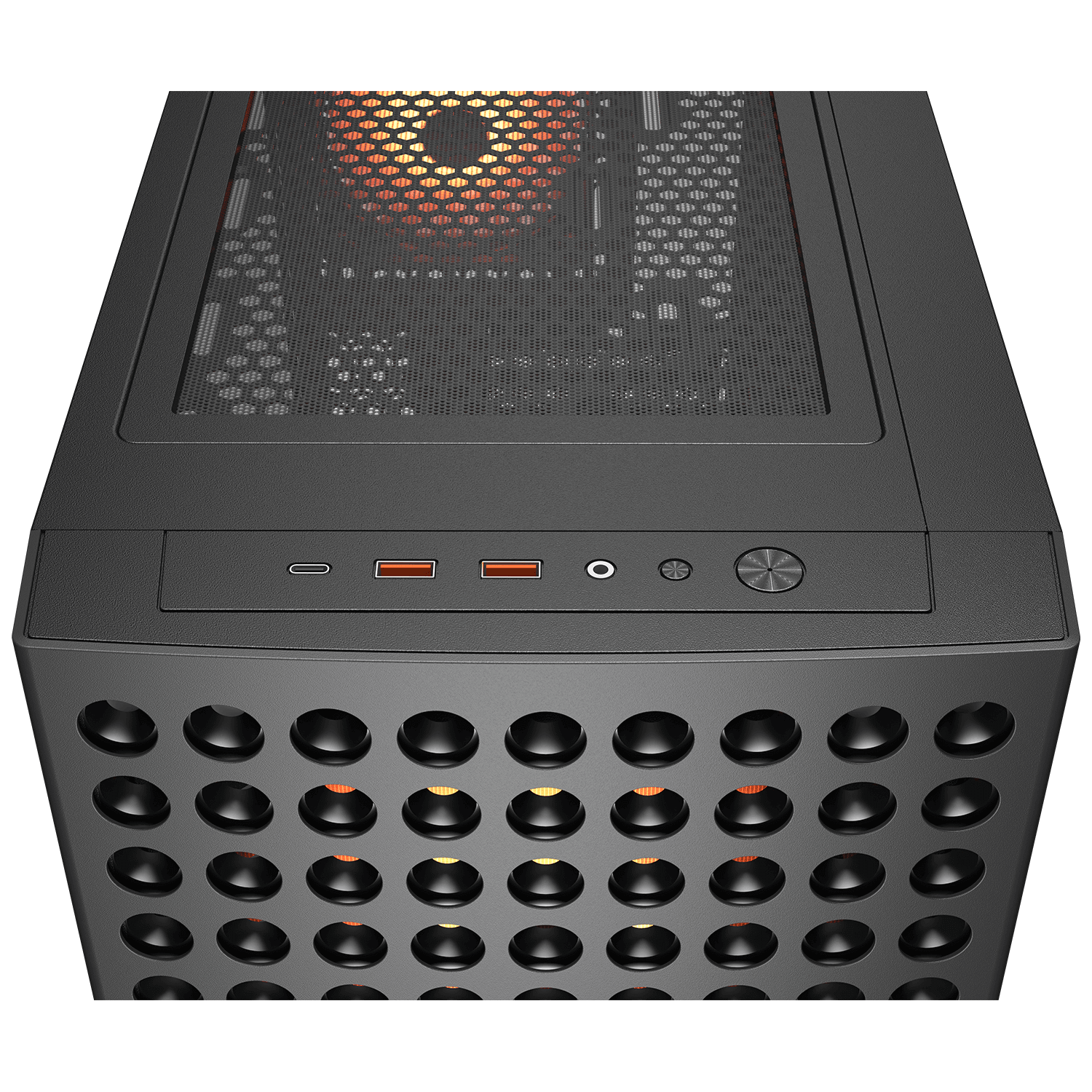 Ein schwarzes PC-Gehäuse mit Lüftern und Anschlüssen oben.