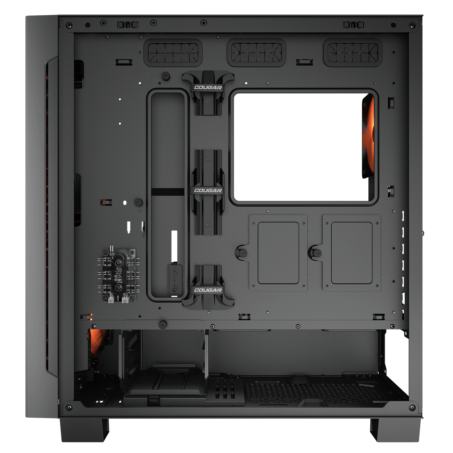 Ein schwarzes Computergehäuse mit Lüftern und Anschlüssen.