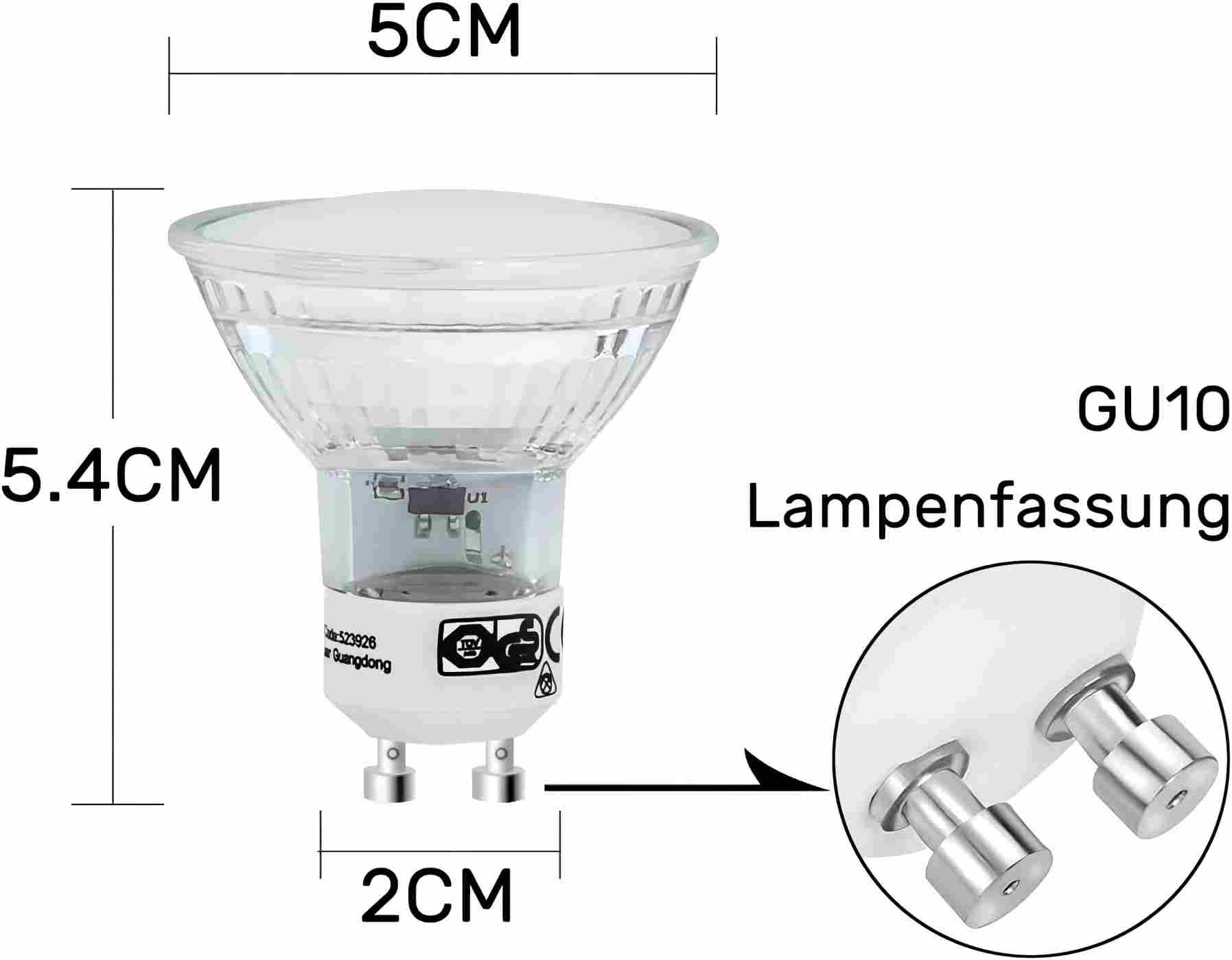 Lampadina GU10 alta 5,4 cm e larga 5 cm, con base dettagliata.