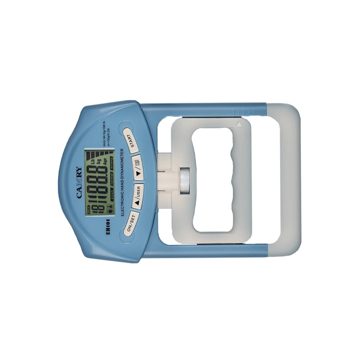 Niebieski dynamometr dłoni z cyfrowym wyświetlaczem mierzącym siłę.