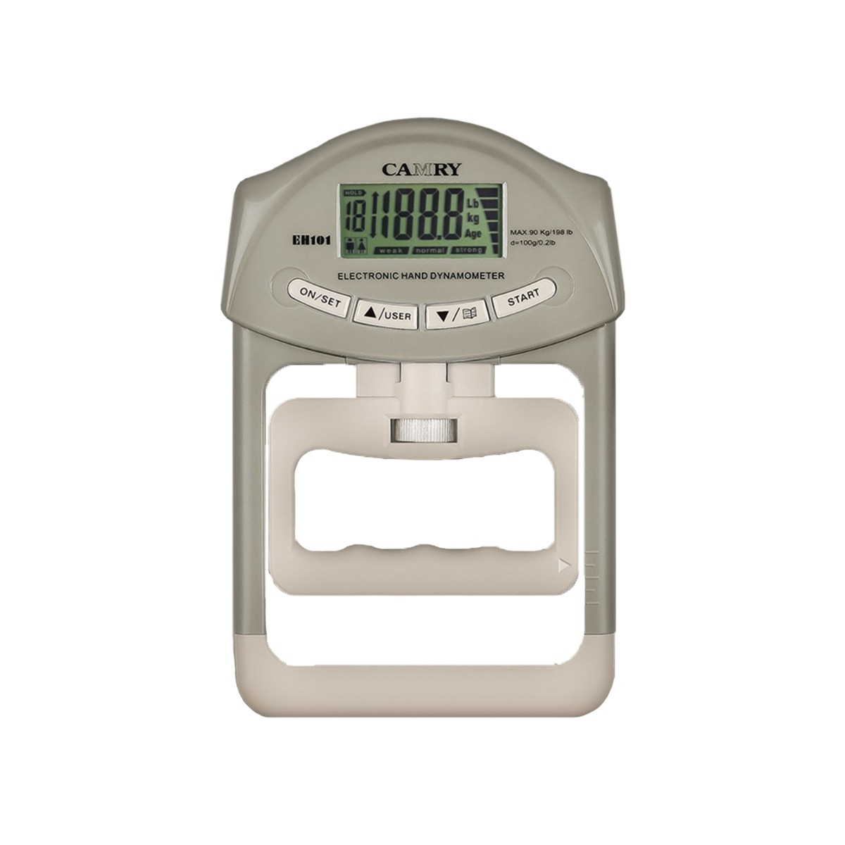 Szary elektroniczny dynamometr ręczny Camry z ekranem LCD do pomiaru siły.