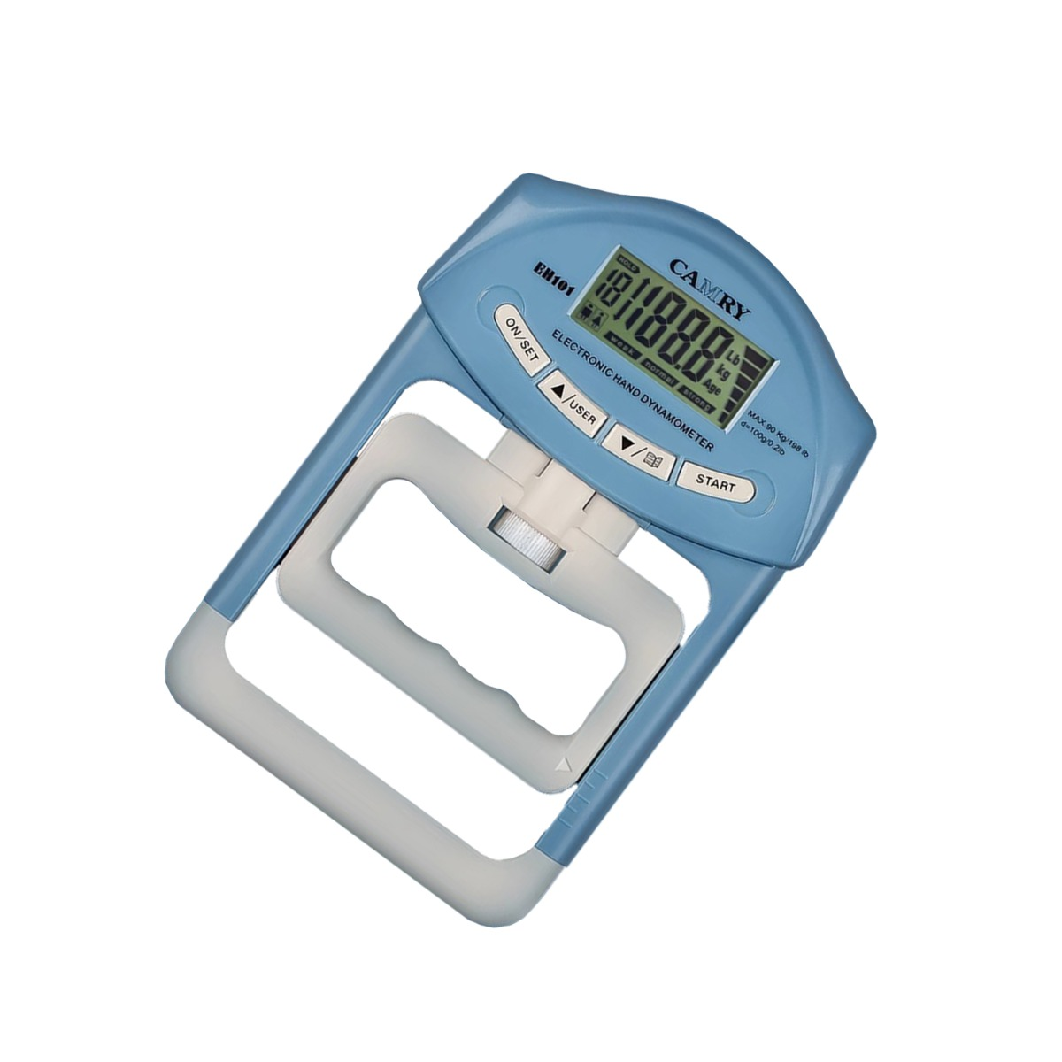 Niebieski dynamometr ręczny z ekranem LCD pokazującym 181,8 kg.