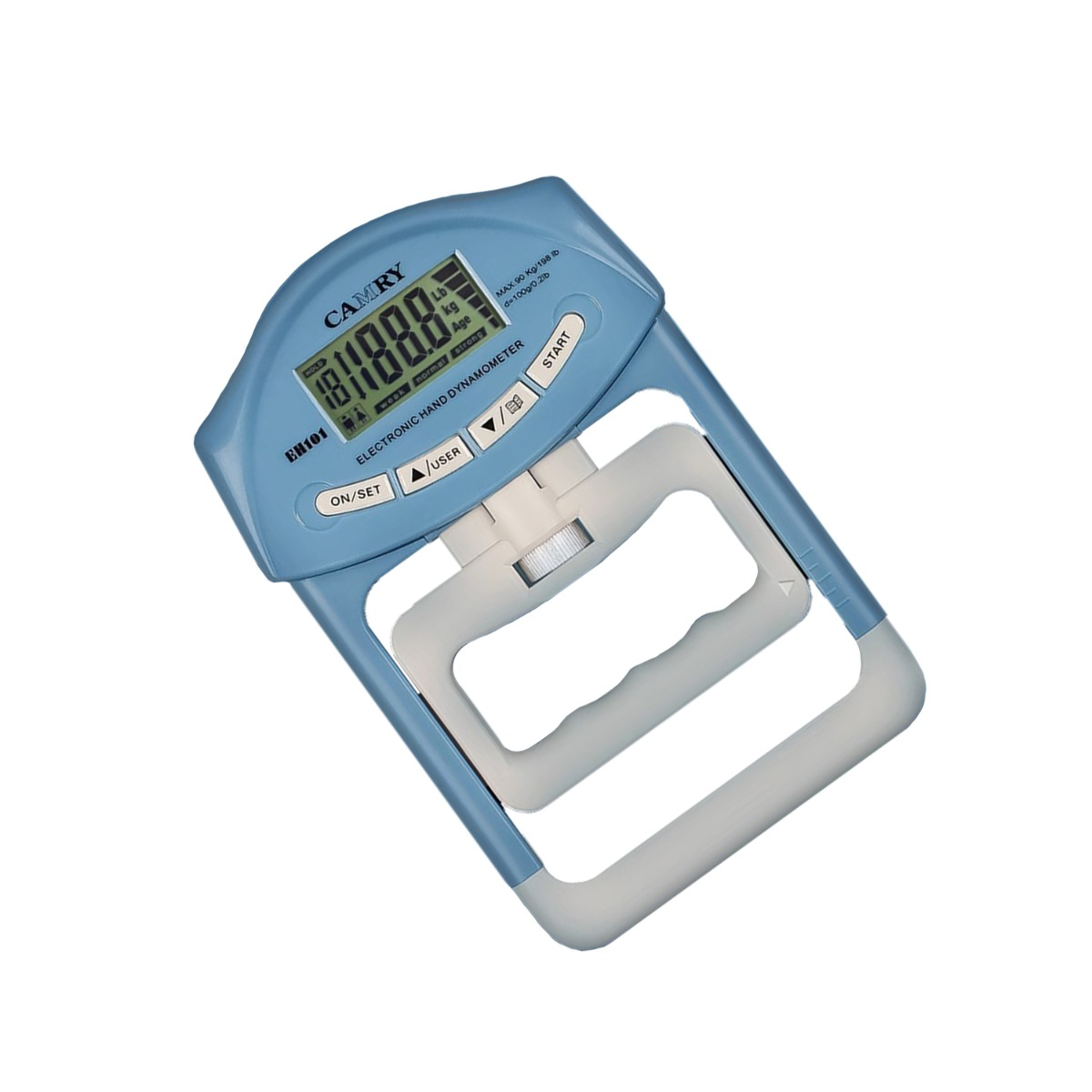 Niebieski elektroniczny dynamometr ręczny z cyfrowym wyświetlaczem pokazującym 181,8 kg.