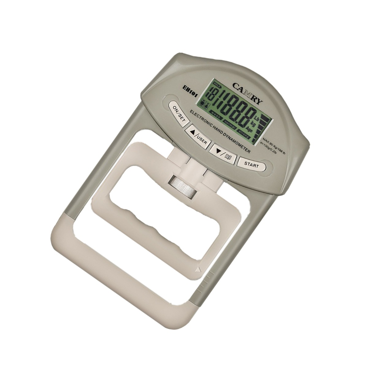 Szary dynamometr ręczny z ekranem LCD pokazującym 81,8 kg.