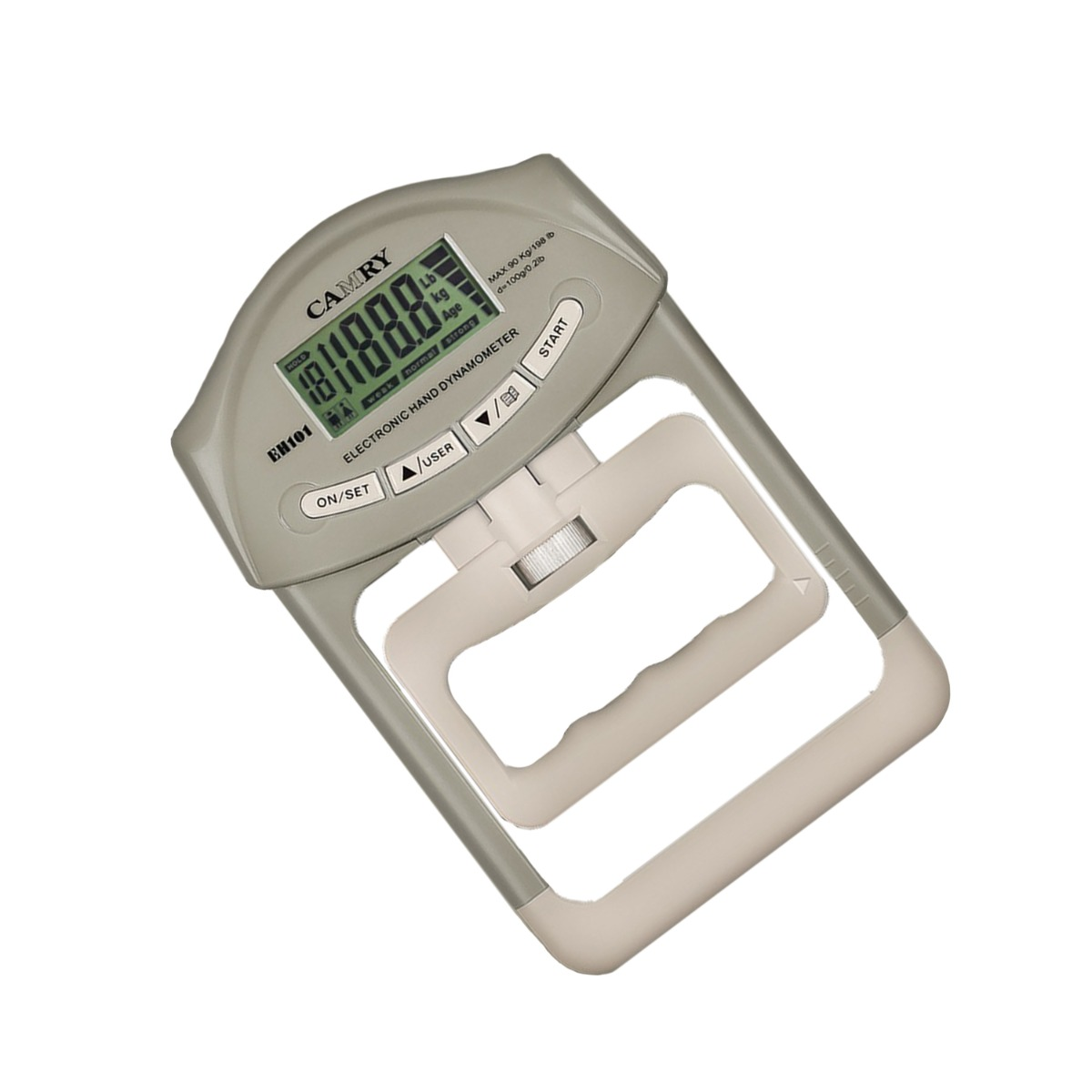 Szary dynamometr ręczny z cyfrowym wyświetlaczem pokazuje 8188,8 kg.