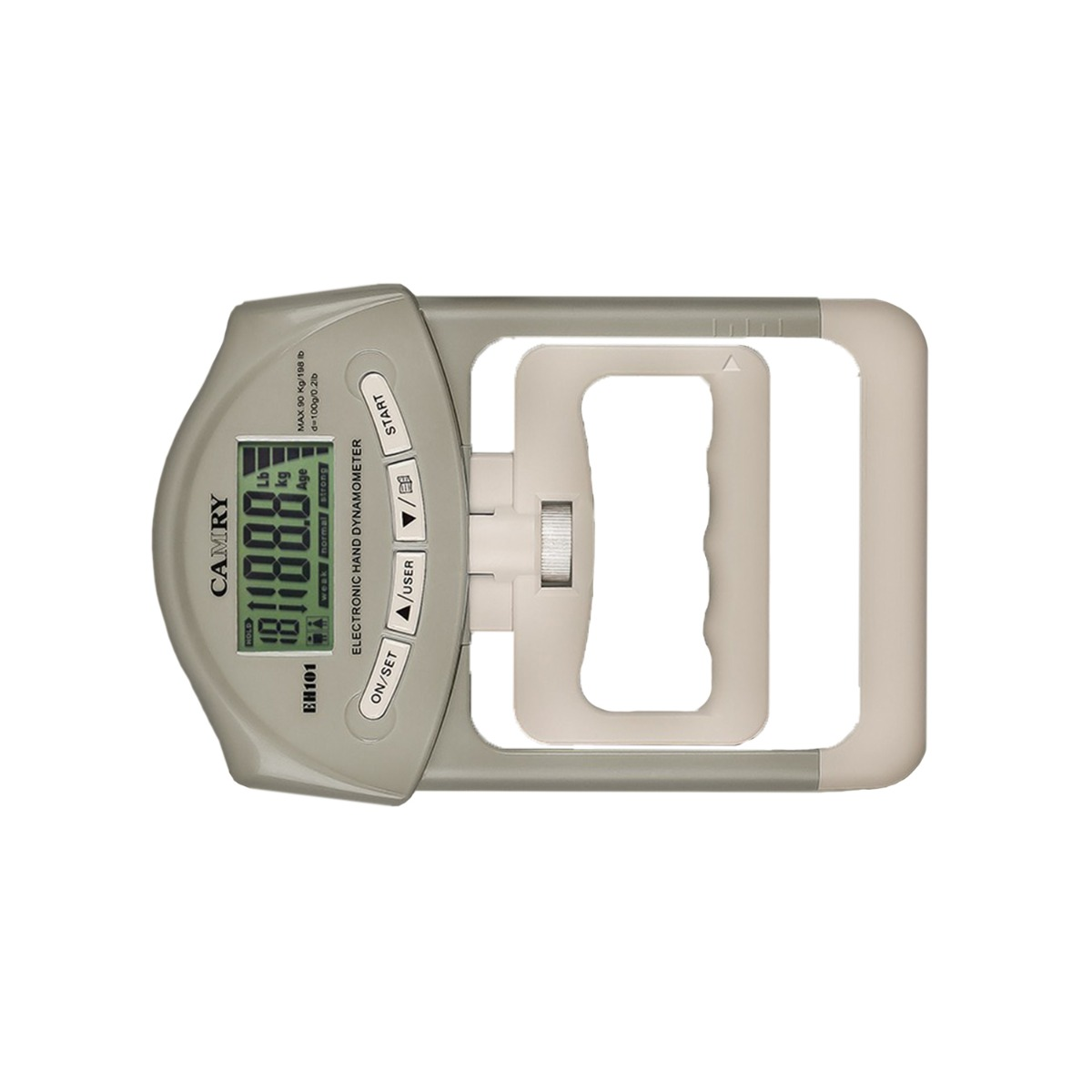 Szary elektroniczny dynamometr ręczny z cyfrowym wyświetlaczem i uchwytami.