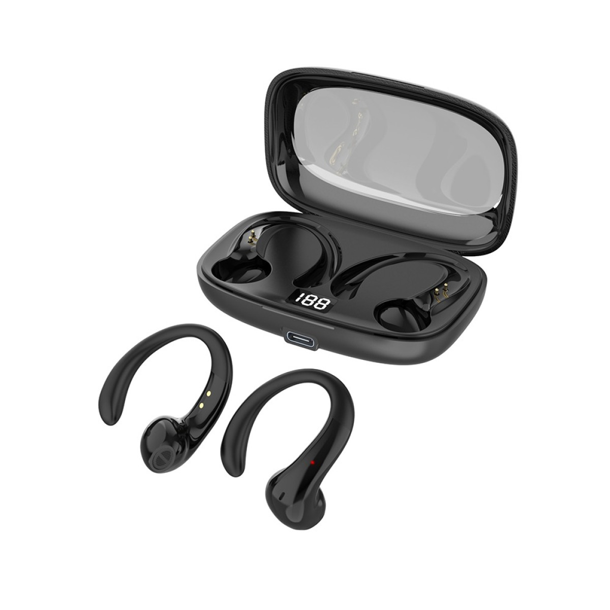 Czarne słuchawki bezprzewodowe z etui ładującym i wyświetlaczem.