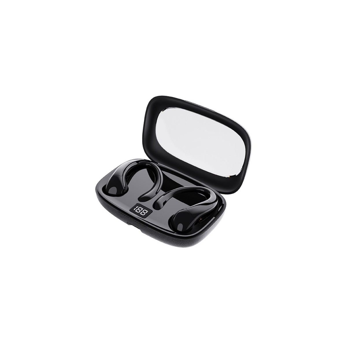 Czarne słuchawki bezprzewodowe w etui ładującym z cyfrowym wyświetlaczem.