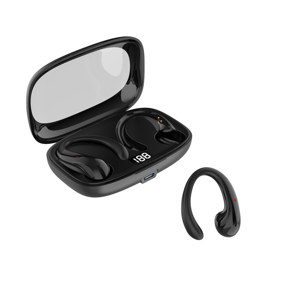 Czarne słuchawki bezprzewodowe w otwartym etui ładującym, z jedną słuchawką obok.