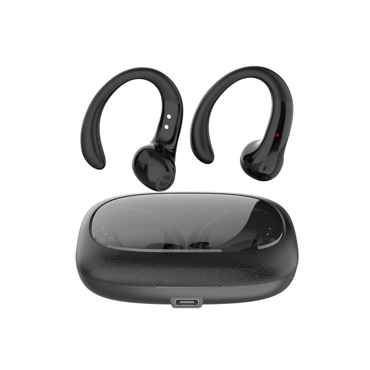 Czarne bezprzewodowe słuchawki z pałąkami na uszy i etui ładującym.