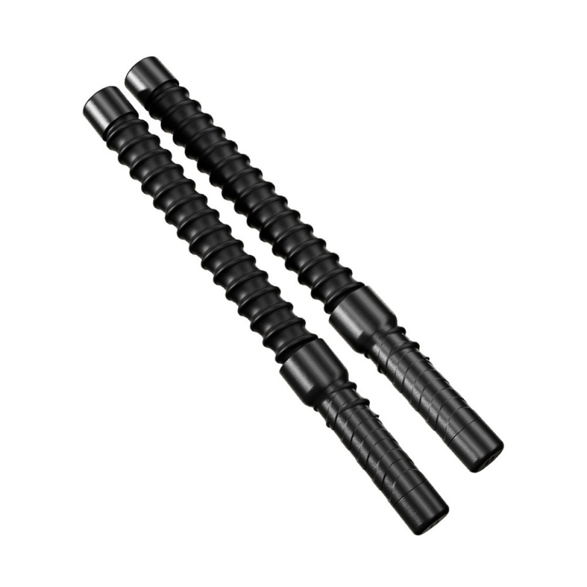 Dwa czarne, elastyczne węże z prążkowaną teksturą, obok siebie na białym tle.