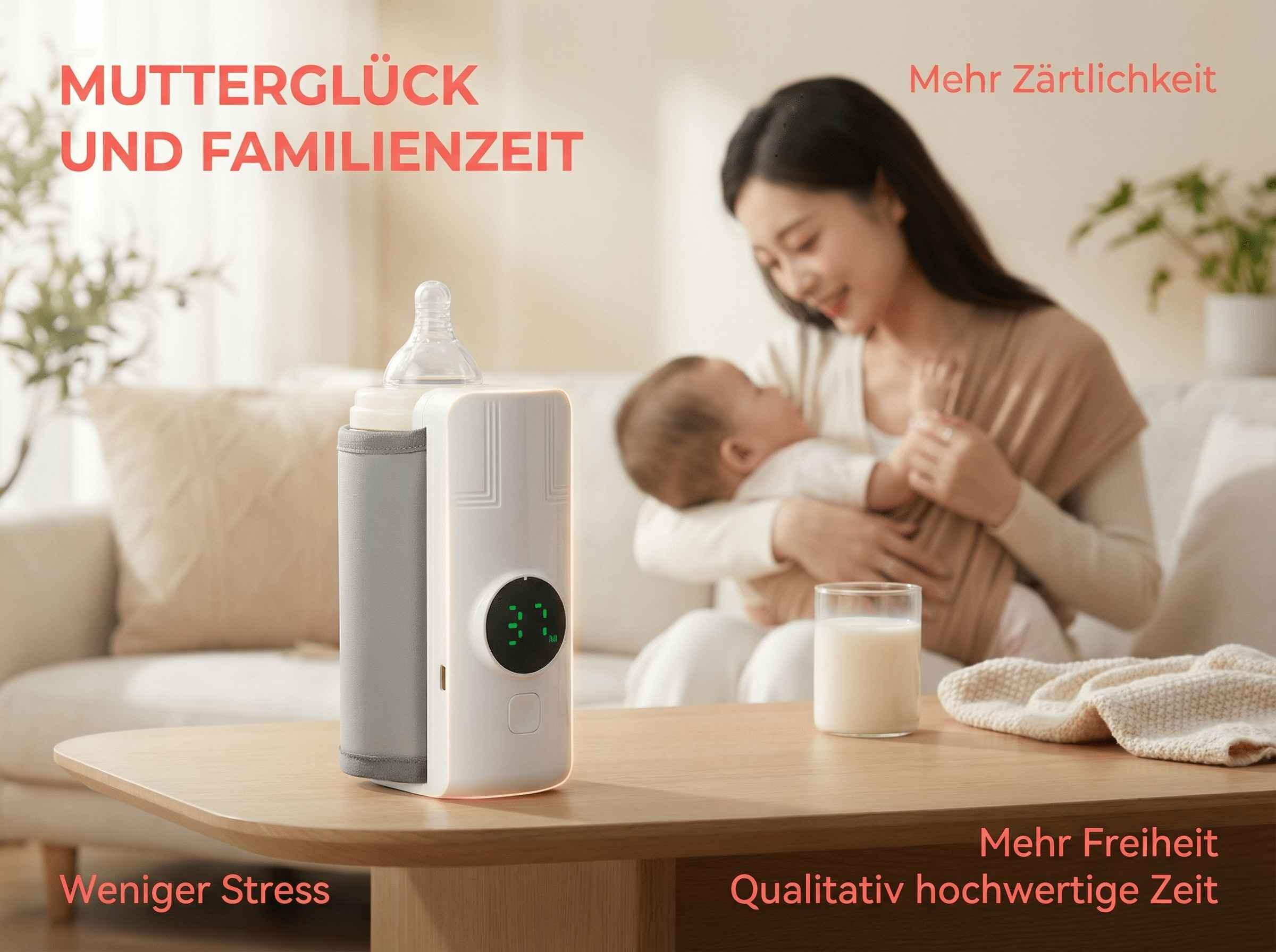 Mutter hält Baby, Flaschenwärmer, Glas Milch auf Tisch. Texte: Mutterglück, Familienzeit.
