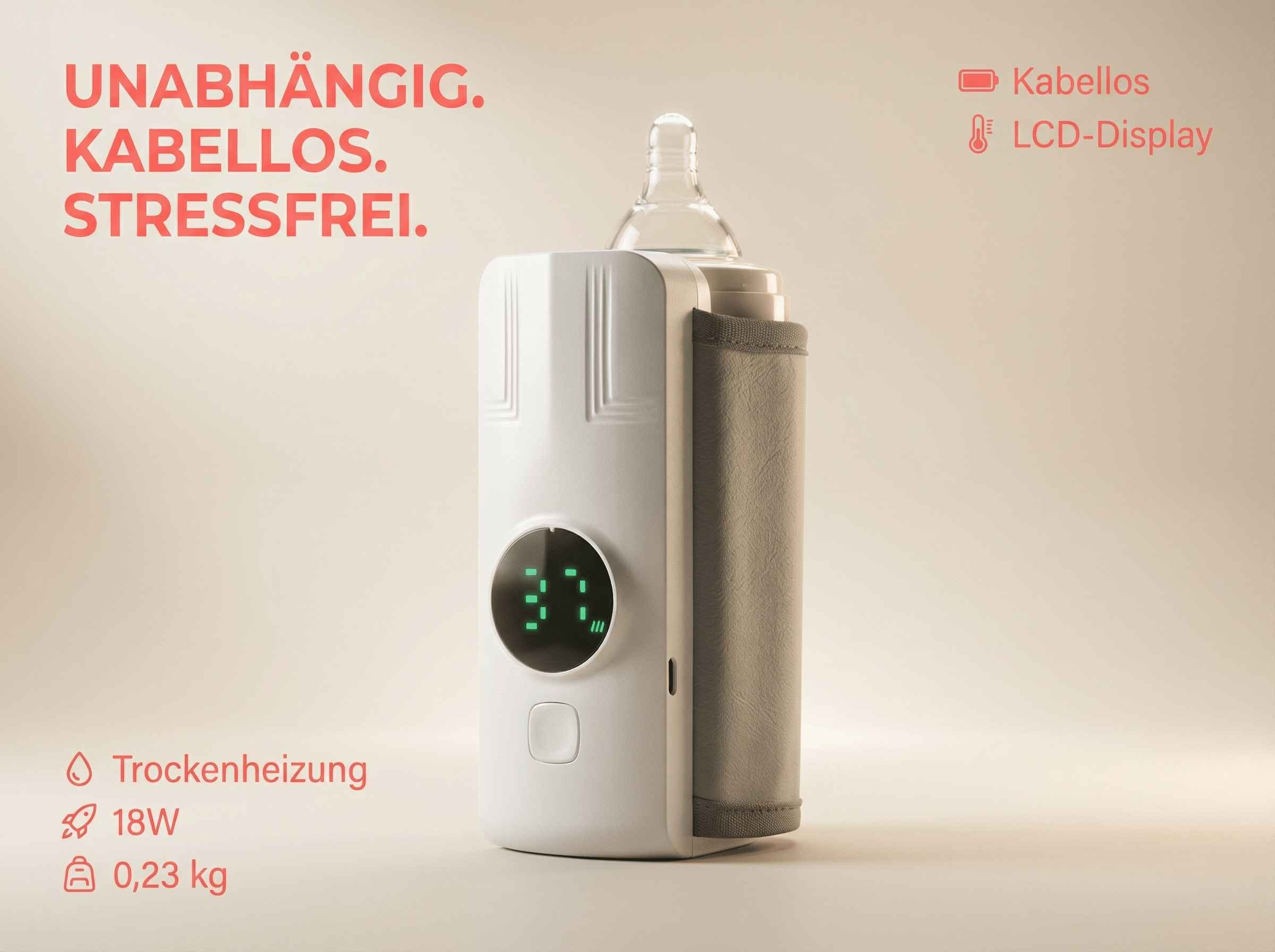Ein weißer Flaschenwärmer mit digitalem Display und grauer Hülle.
