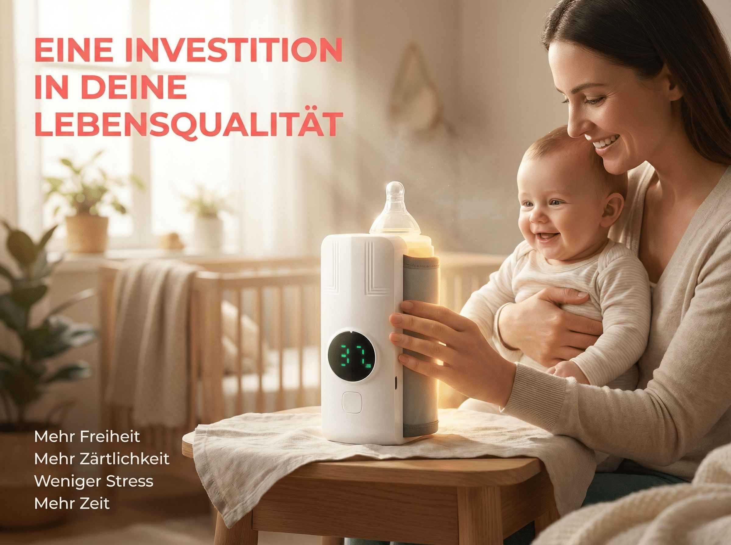 Eine Frau hält ein Baby und einen Flaschenwärmer mit digitaler Anzeige.