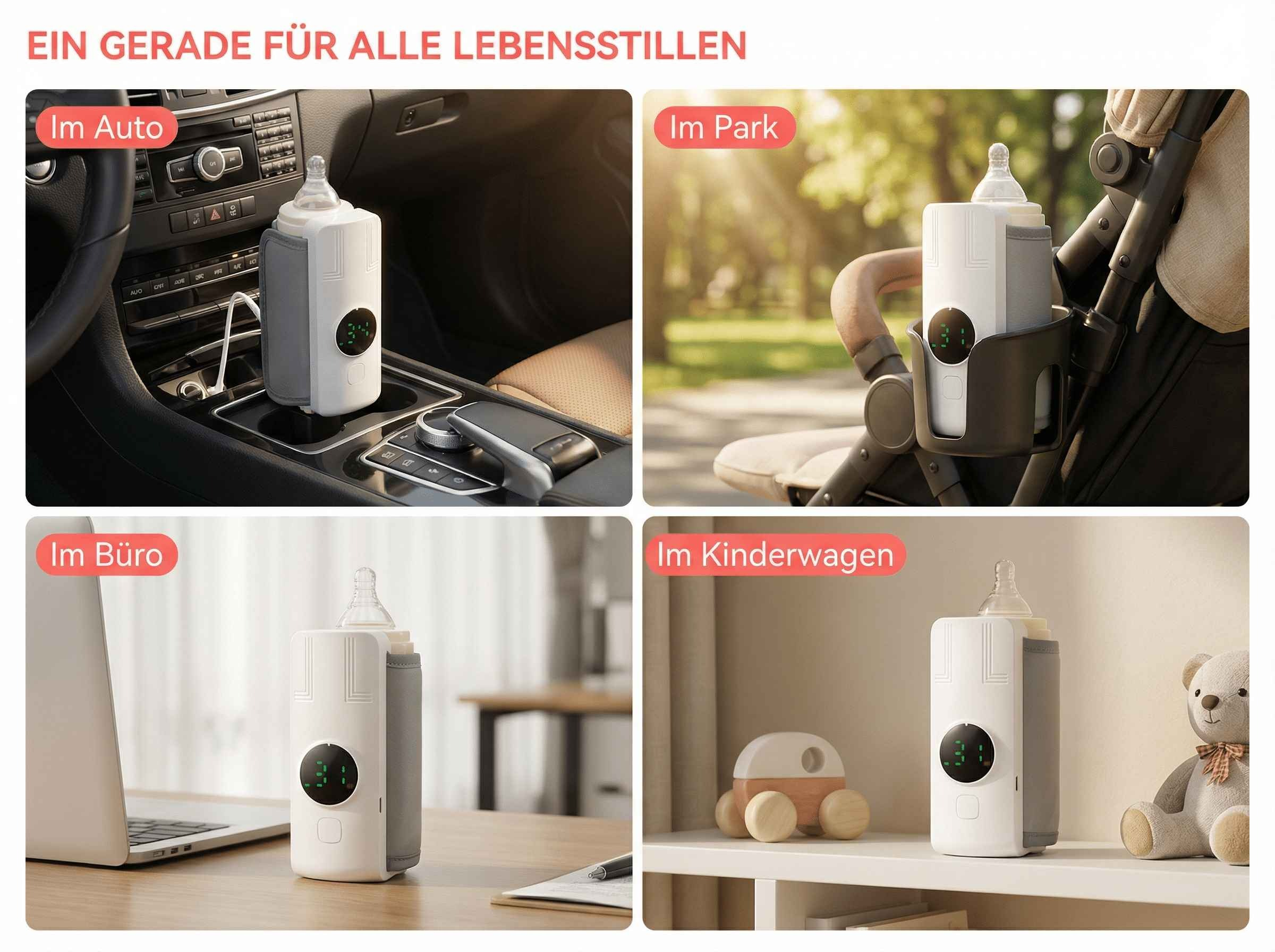 Ein Flaschenwärmer im Auto, Park, Büro und Kinderwagen.