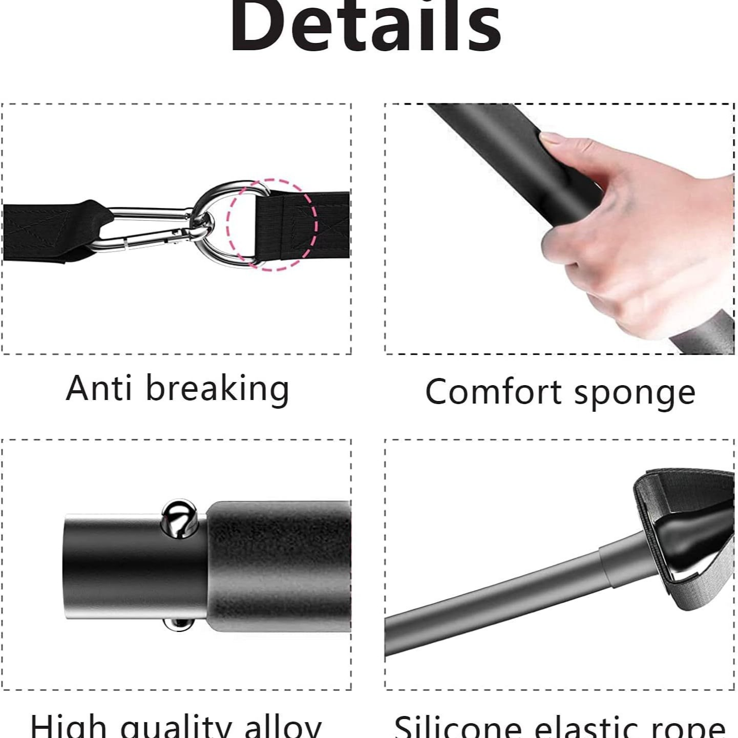 Cztery zbliżenia: hak, uchwyt, stop, lina. "Antyłamaniowy", "Gąbka komfortowa".