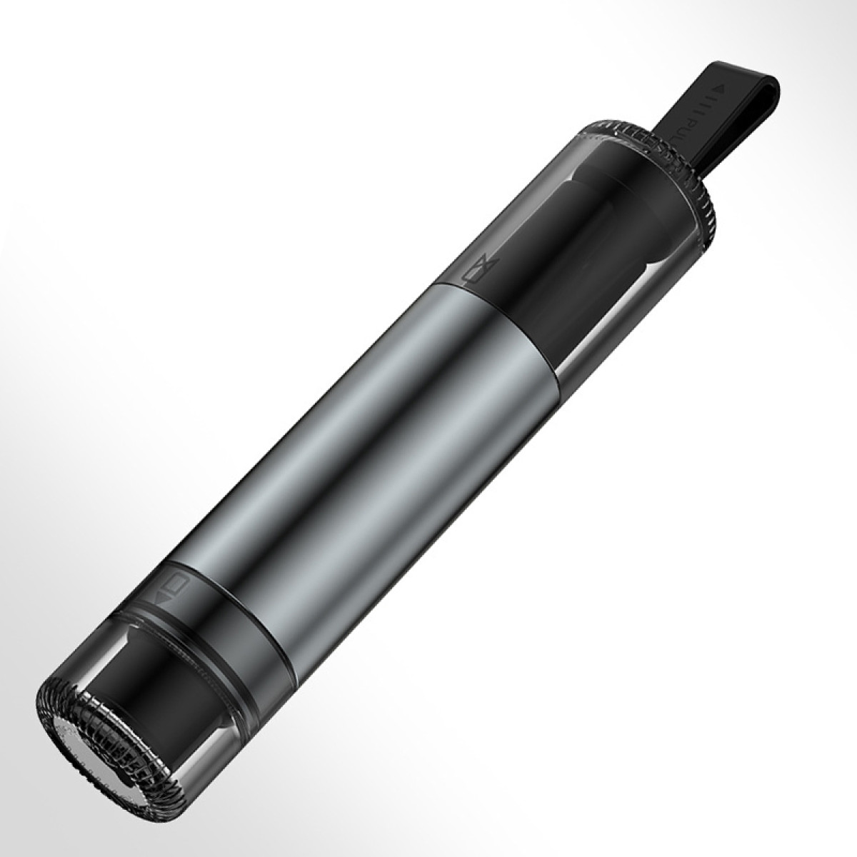 Un aspirapolvere portatile cilindrico scuro con contenitore trasparente e anello nero.