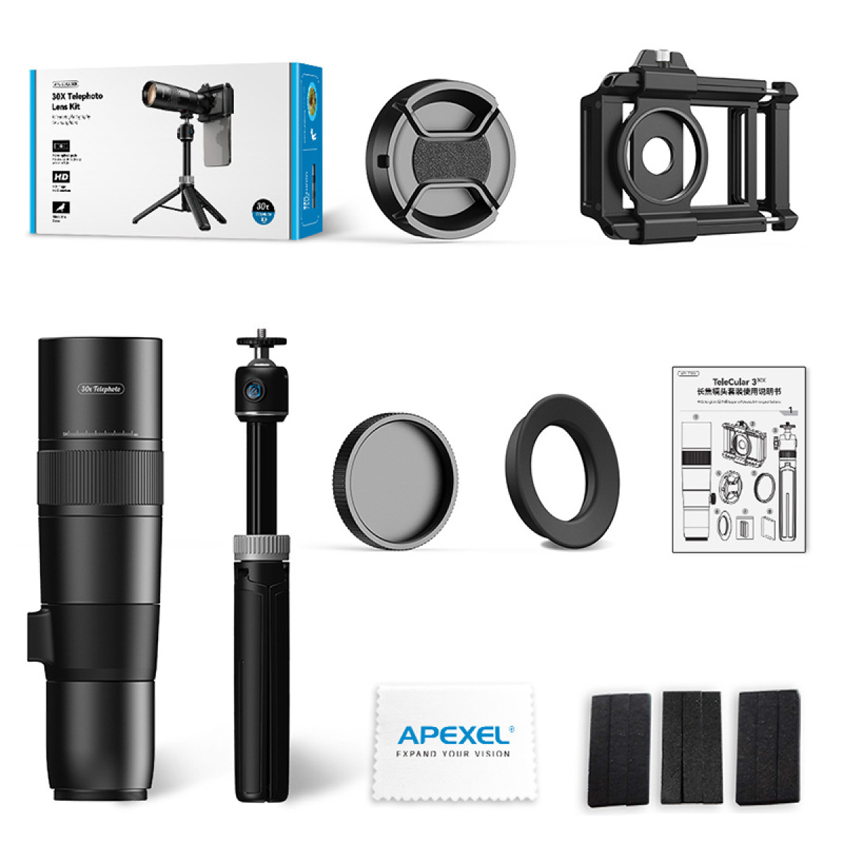 A camera kit with a telephoto lens, phone holder, lens caps, and instructions.