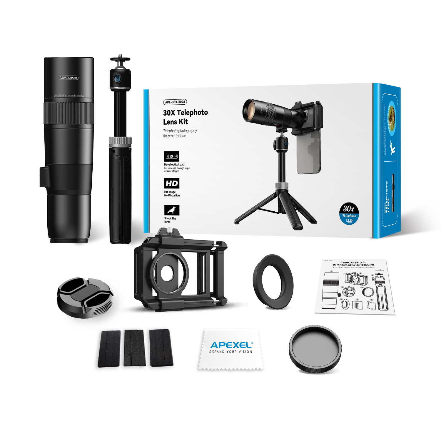 A 30x telephoto lens kit for smartphones with tripod, mount, and accessories.