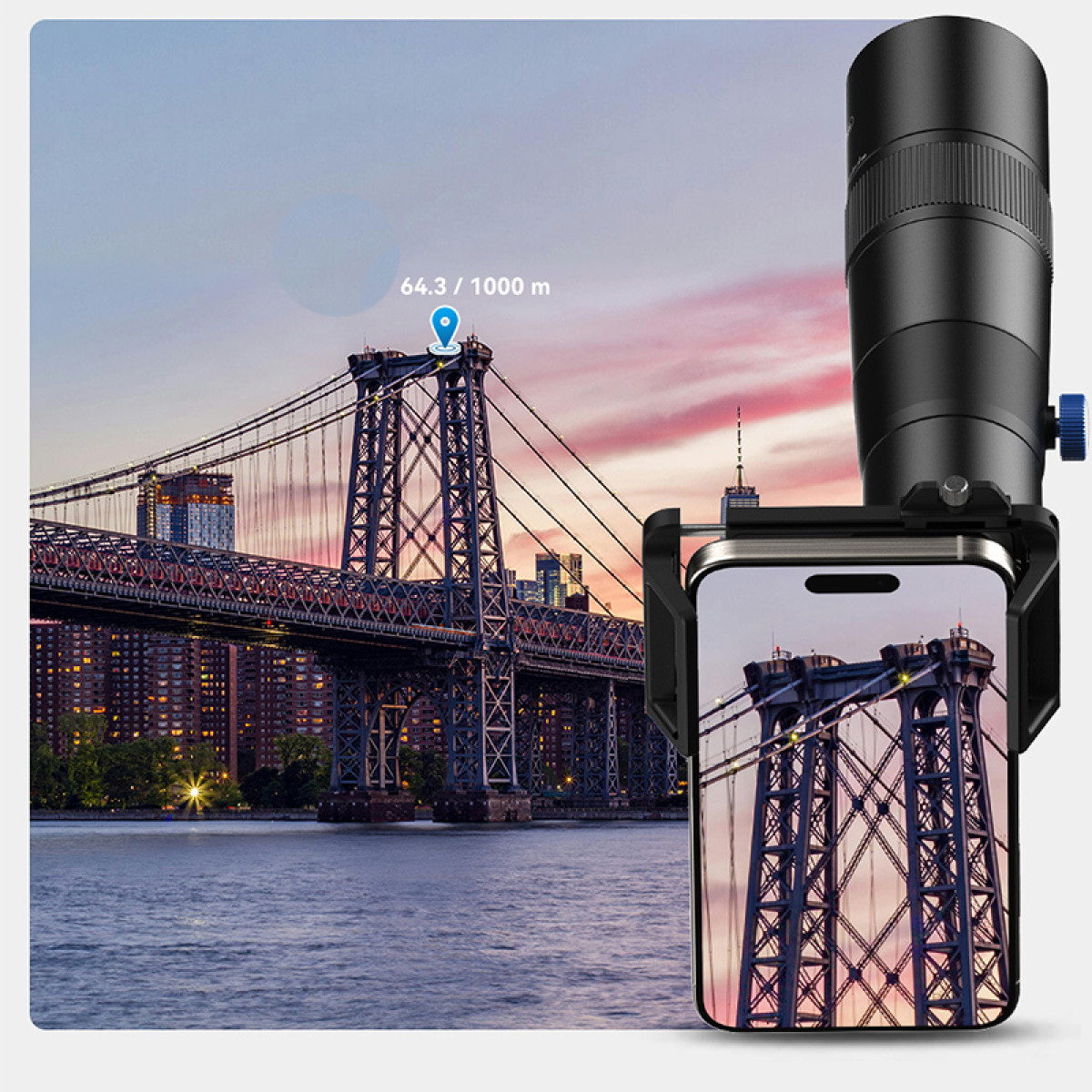 A bridge over a river, with a smartphone and camera pointed at it.