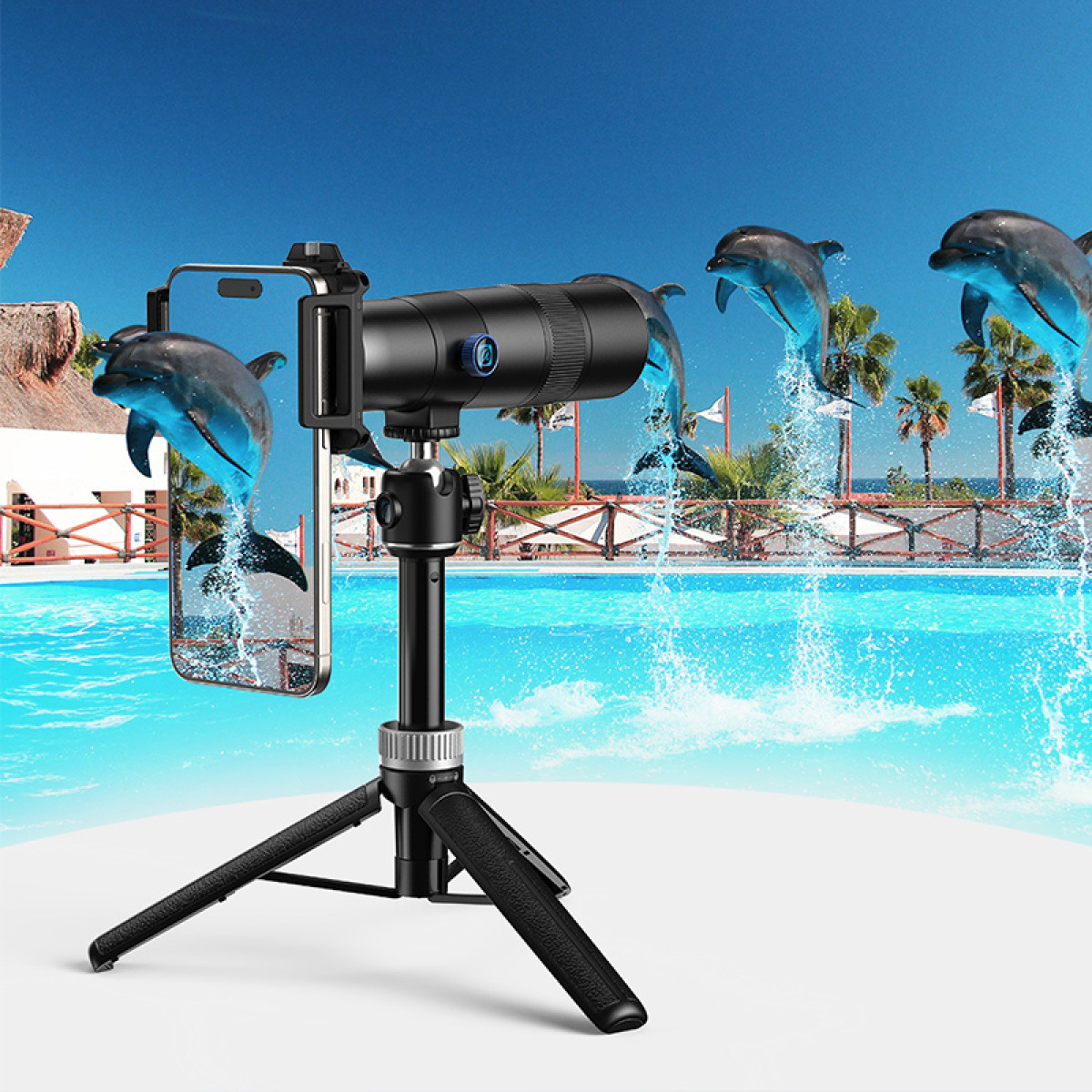 A smartphone with a telephoto lens on a tripod in front of a pool with jumping dolphins.
