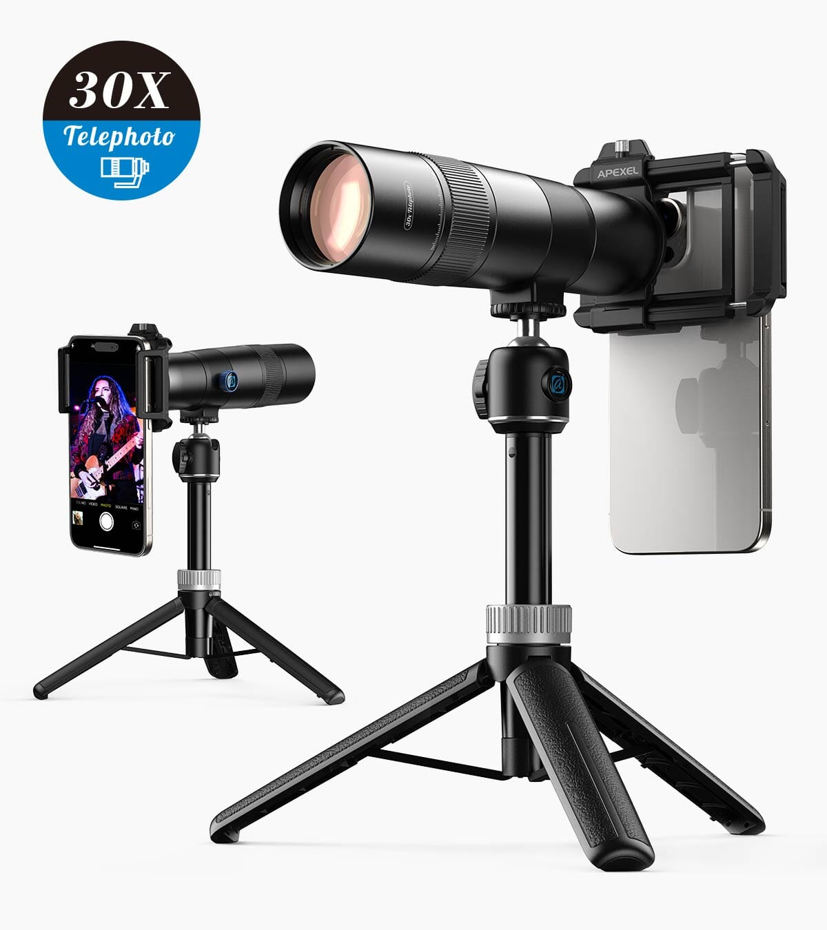 Two telephoto lenses on tripods with smartphones. One shows a female guitarist.