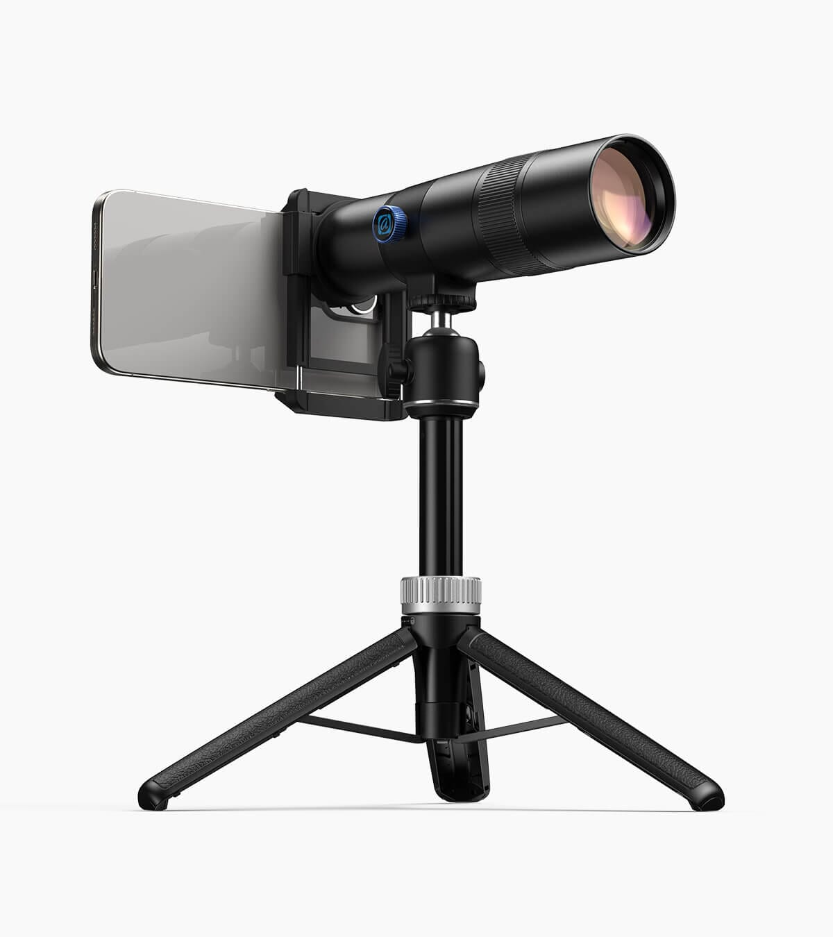 A black telescope is mounted on a tripod holding a smartphone.