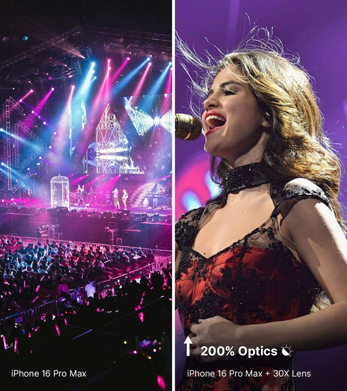 Concert stage with light show and audience, singer on the right.