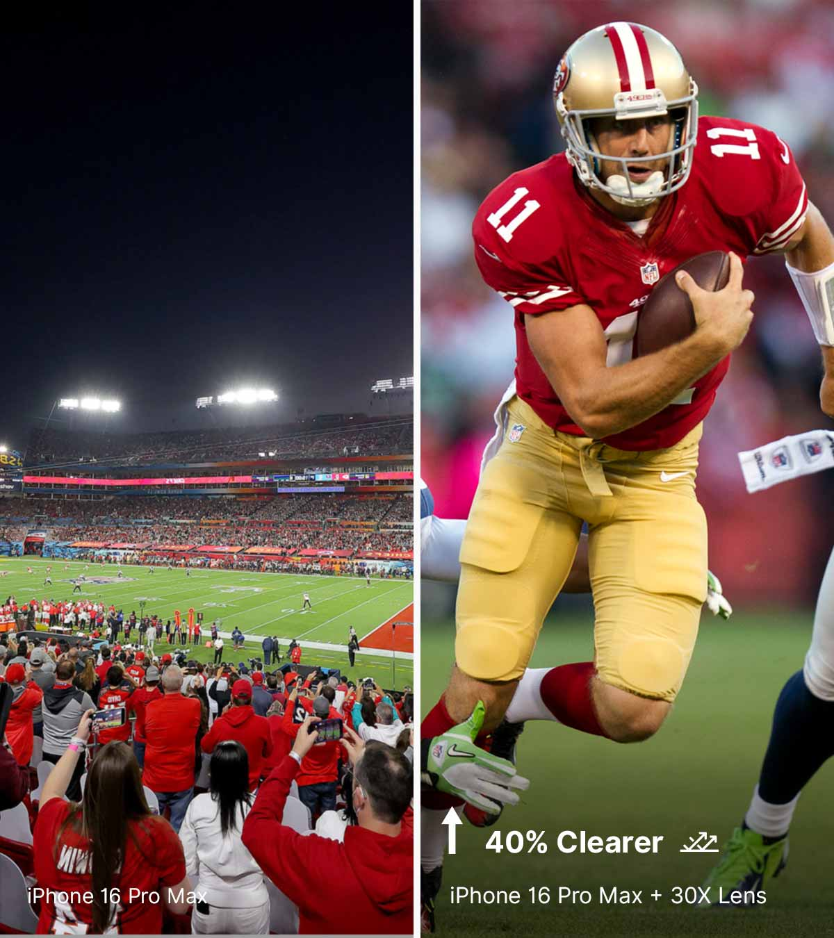A football player in red and gold runs, next to a stadium view.