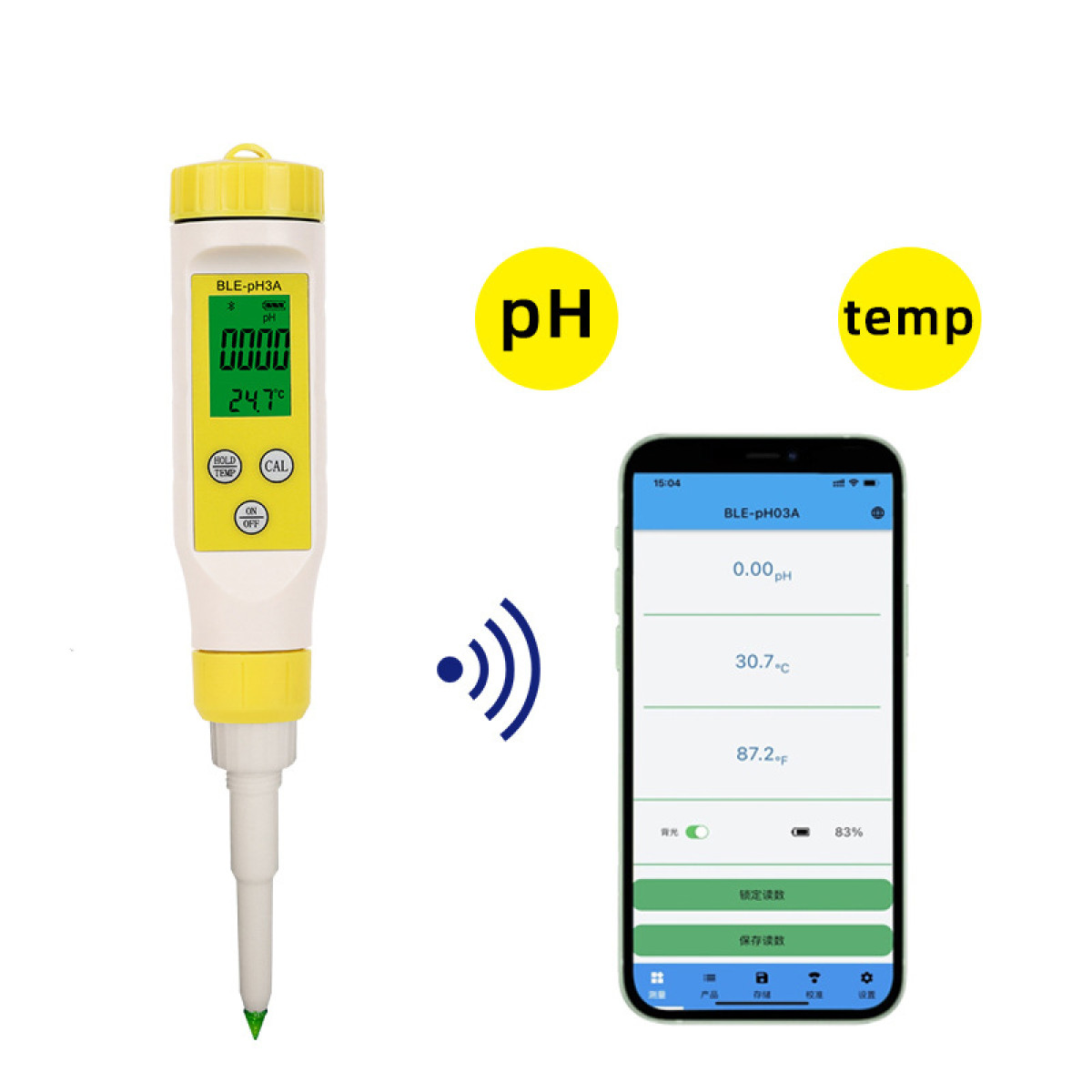 Miernik pH z żółtą nakrętką i smartfon wyświetlający dane.