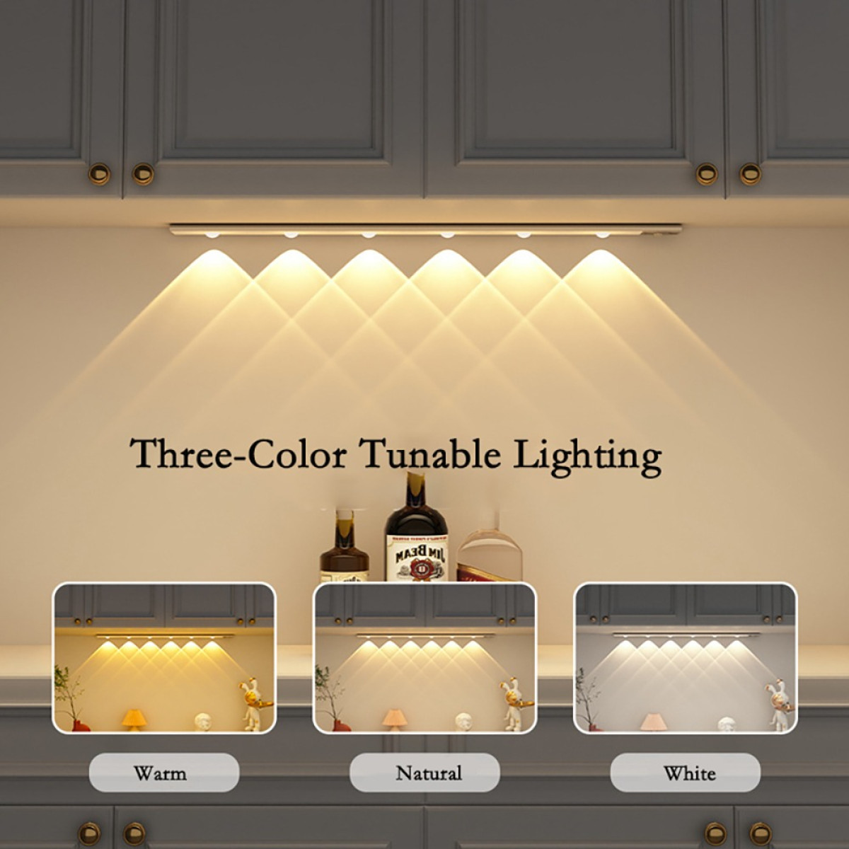 Trójkolorowe oświetlenie z możliwością regulacji pokazane z opcjami światła ciepłego, naturalnego i białego.