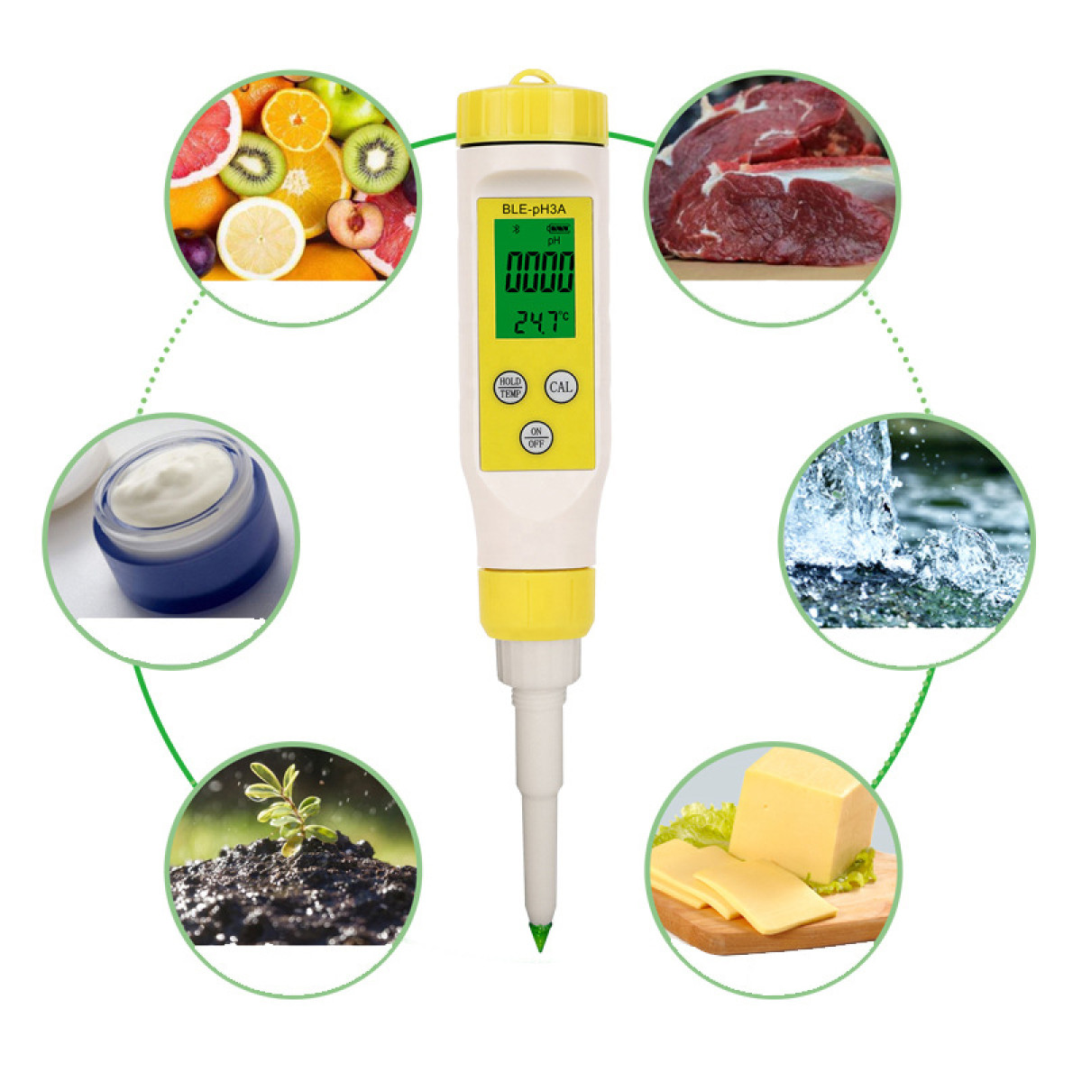 Miernik pH otoczony owocami, mięsem, wodą, serem, rośliną i kremem.