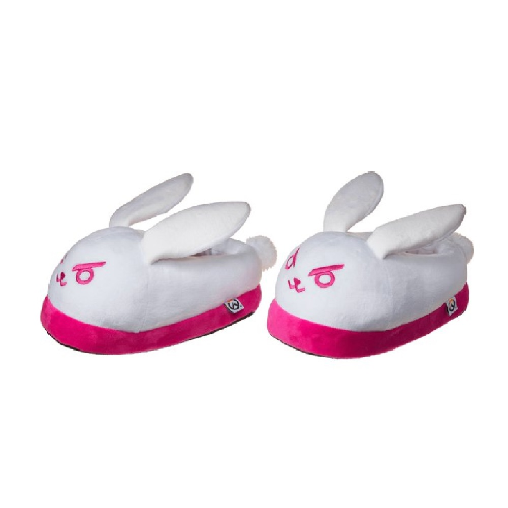 Due pantofole bianche da coniglio con bordo rosa e facce ricamate.