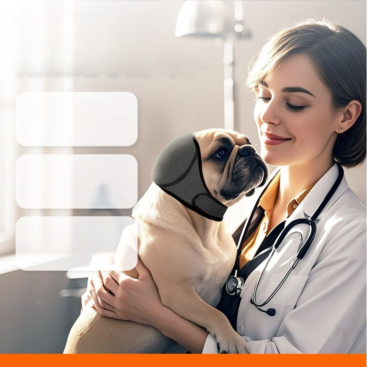 Veterinarian holding a pug wearing ear protection, smiling.