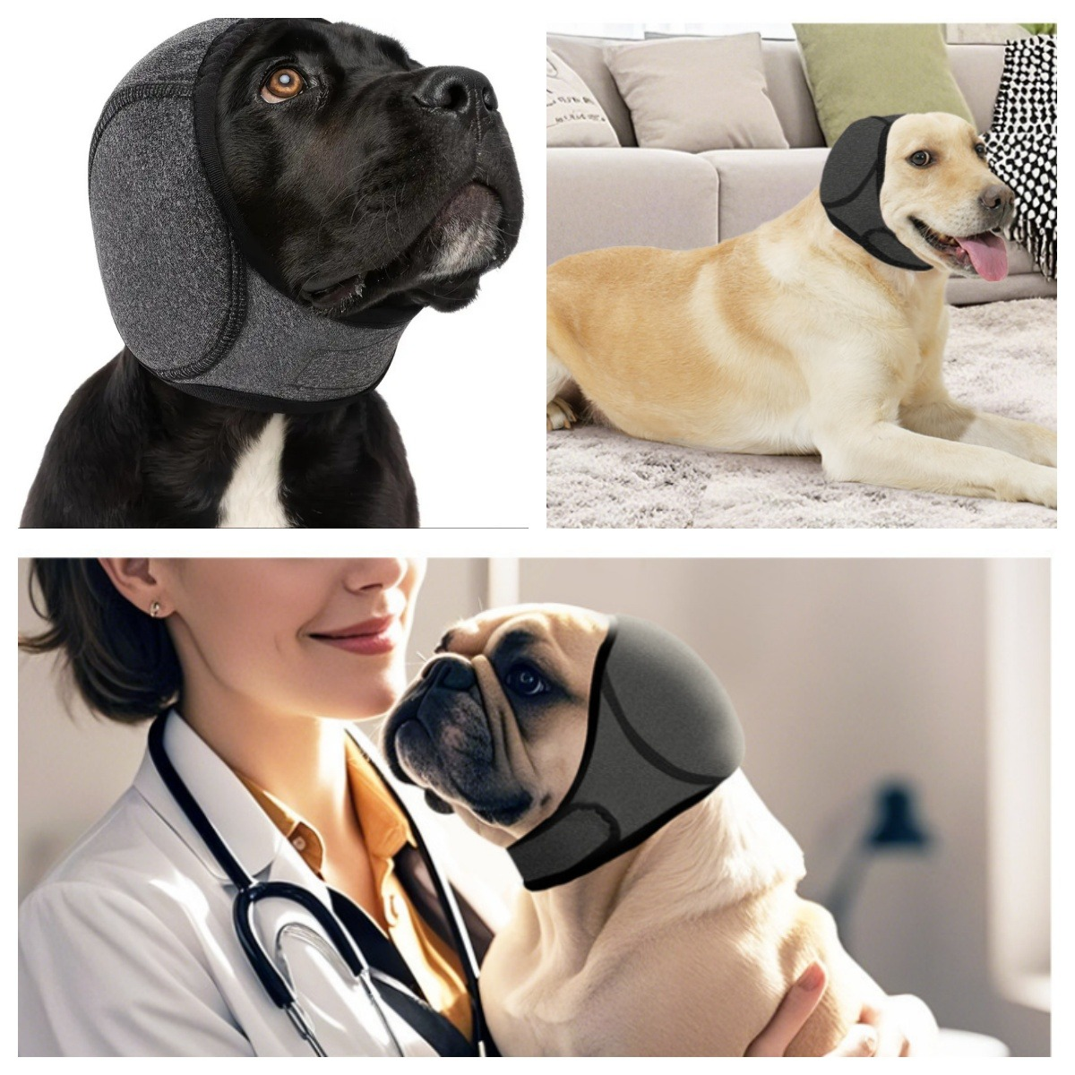 Three dogs wear grey dog earmuffs. A black dog, a yellow dog, and a pug.