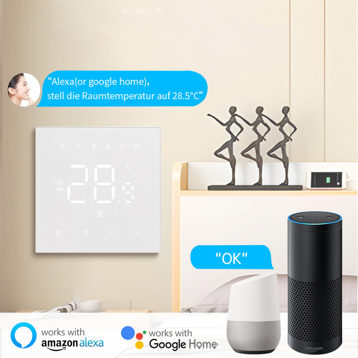 Termostat z wyświetlaczem pokazuje 28 stopni. Obok urządzenia Alexa i Google Home.
