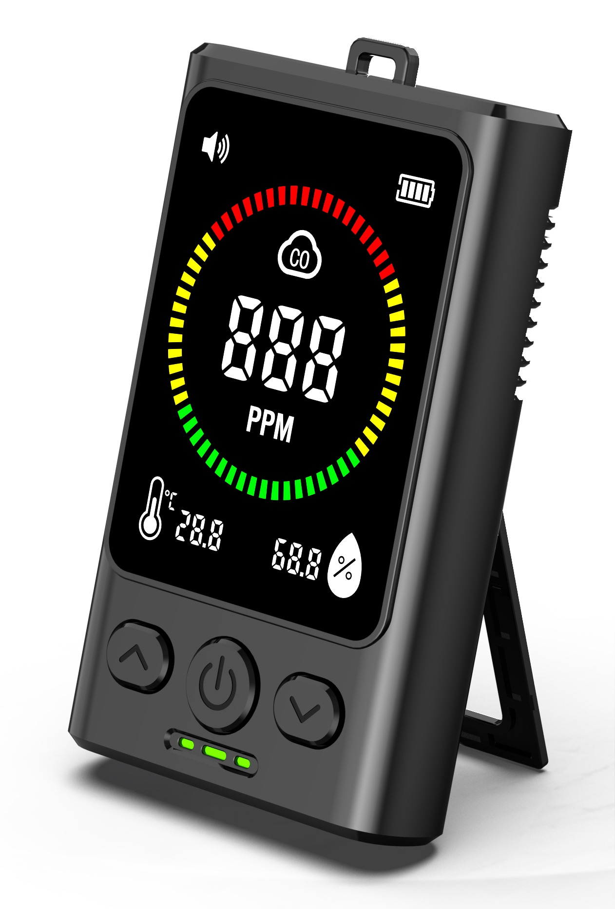 Wyświetlacz cyfrowy pokazuje poziom CO 888 PPM, 28.8°C, 68.8% wilgotności.